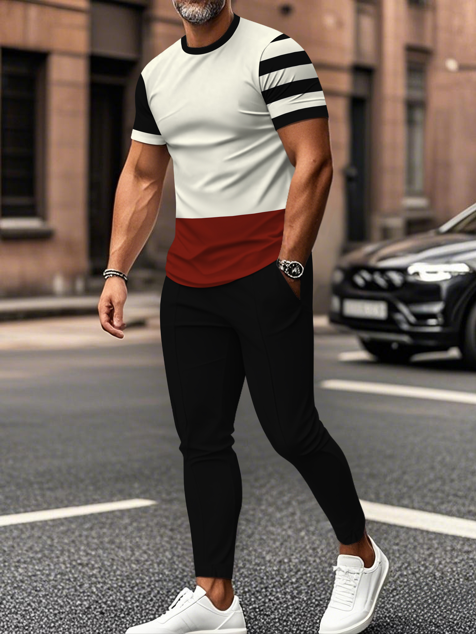 Men's fashion casual color matching striped printed short sleeved trousers two-piece set