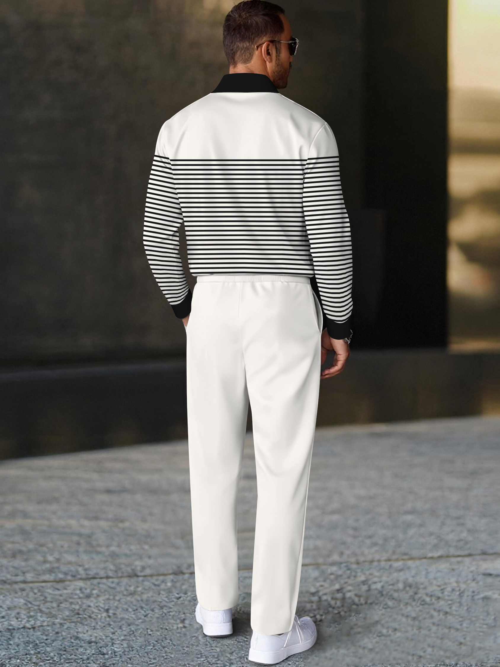 Men's fashion casual geometric print long sleeve zipper polo two-piece set