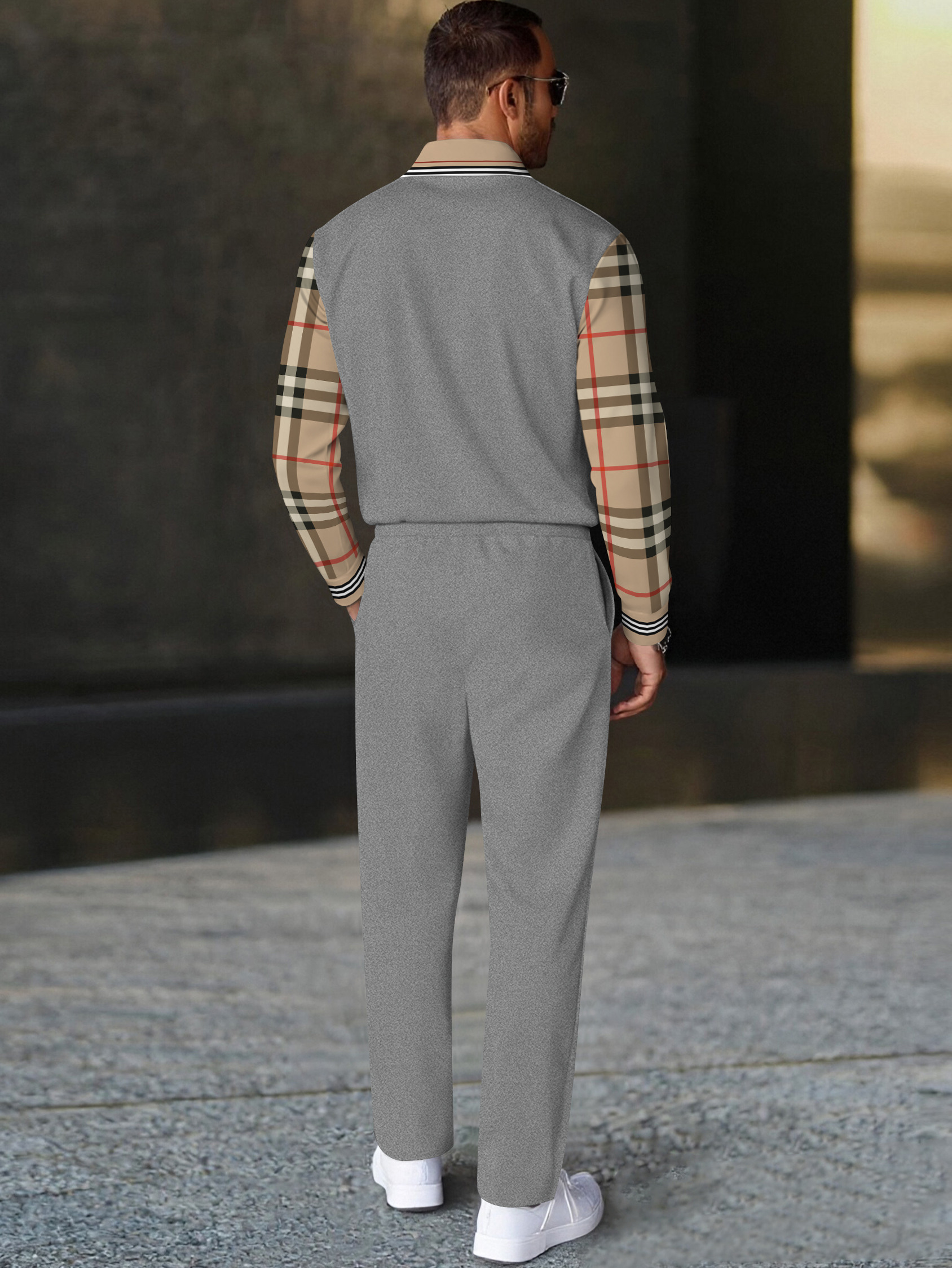 Men's fashion casual geometric print long sleeve zipper polo two-piece set