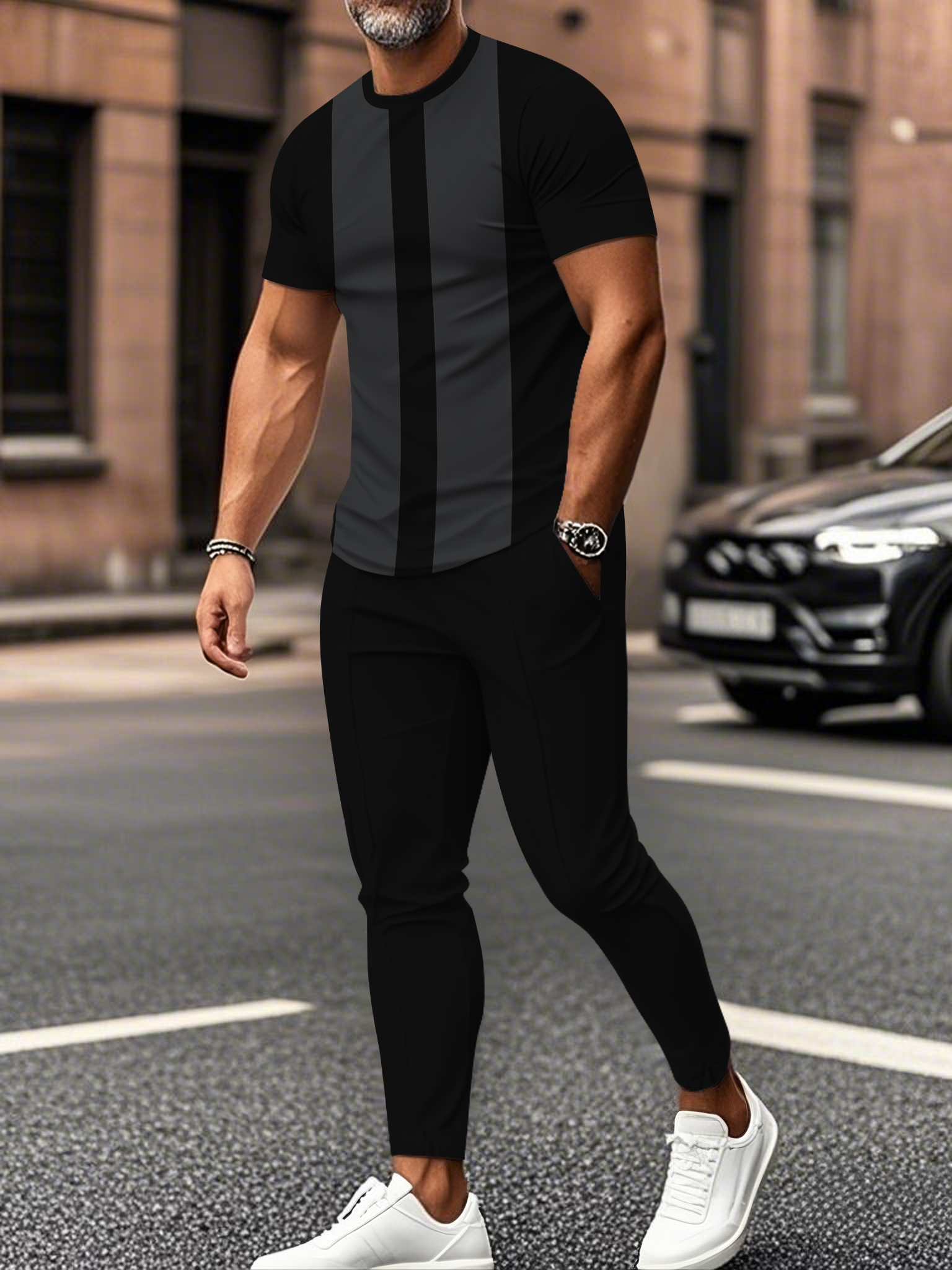 Men's fashion casual color matching striped printed short sleeved trousers two-piece set