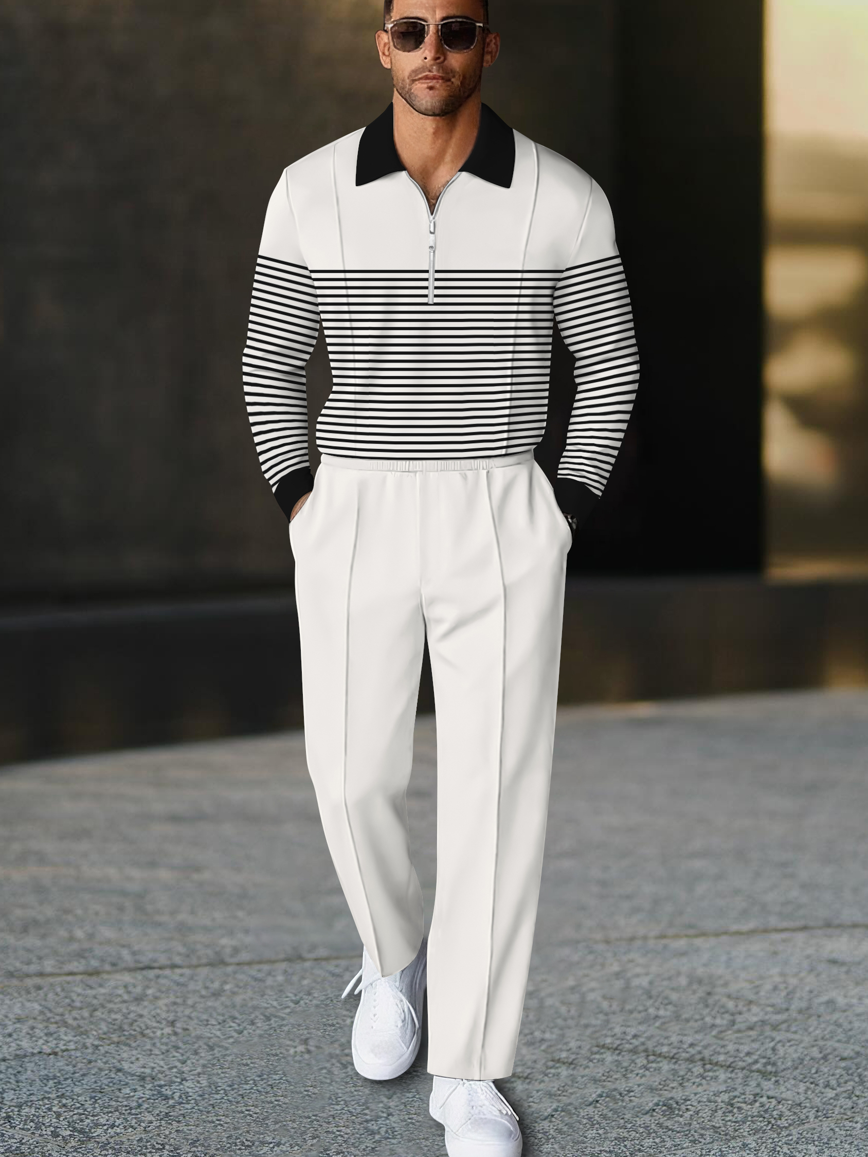 Men's fashion casual geometric print long sleeve zipper polo two-piece set