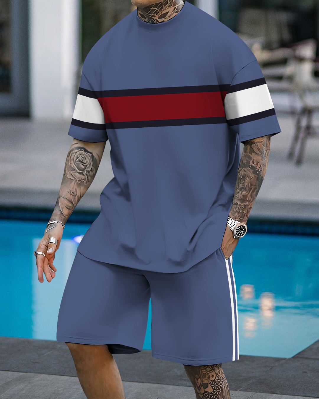 Men's fashion casual color matching printed short-sleeved two-piece se