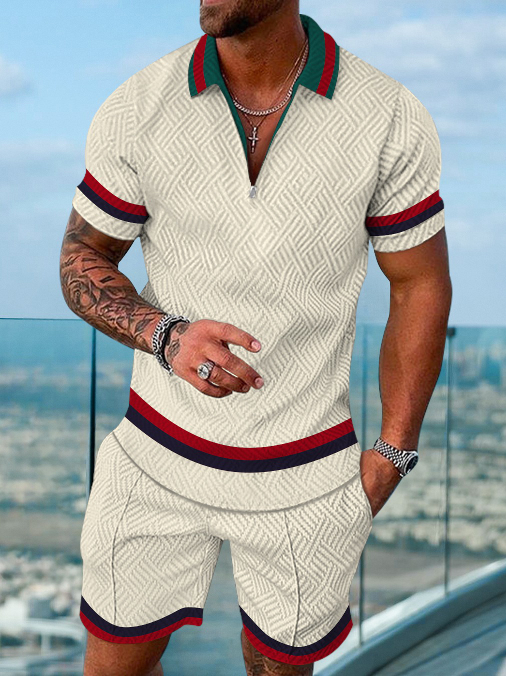 Men's fashion casual color matching printed short-sleeved polo suit