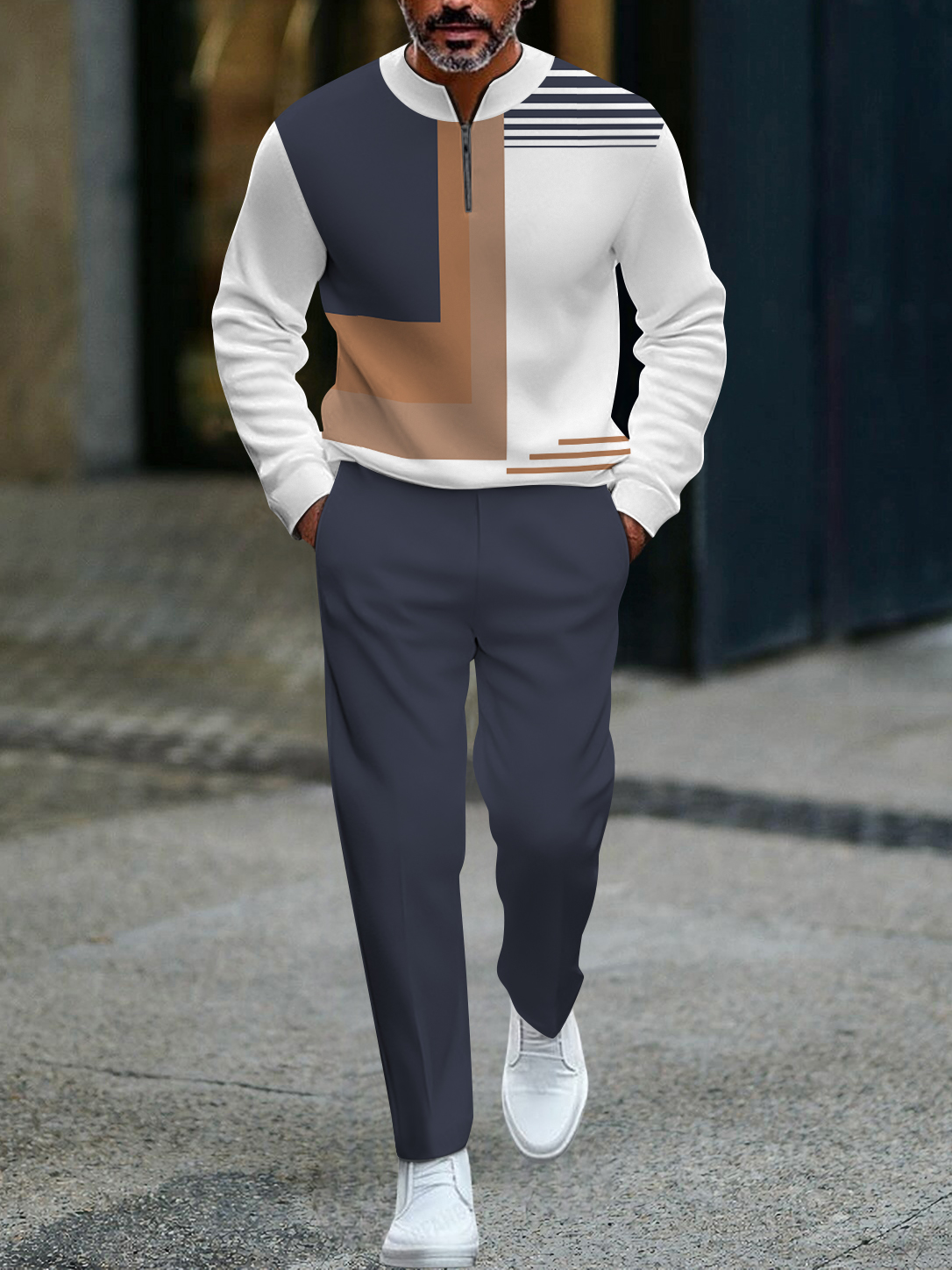 Men's fashion casual geometric print long sleeve zipper two-piece set