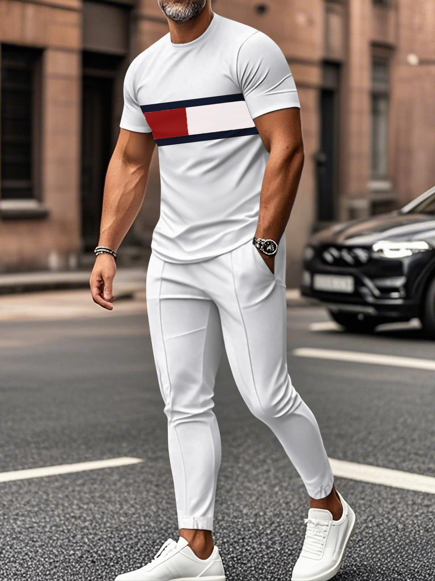 Men's fashion casual color matching striped printed short sleeved trousers two-piece set