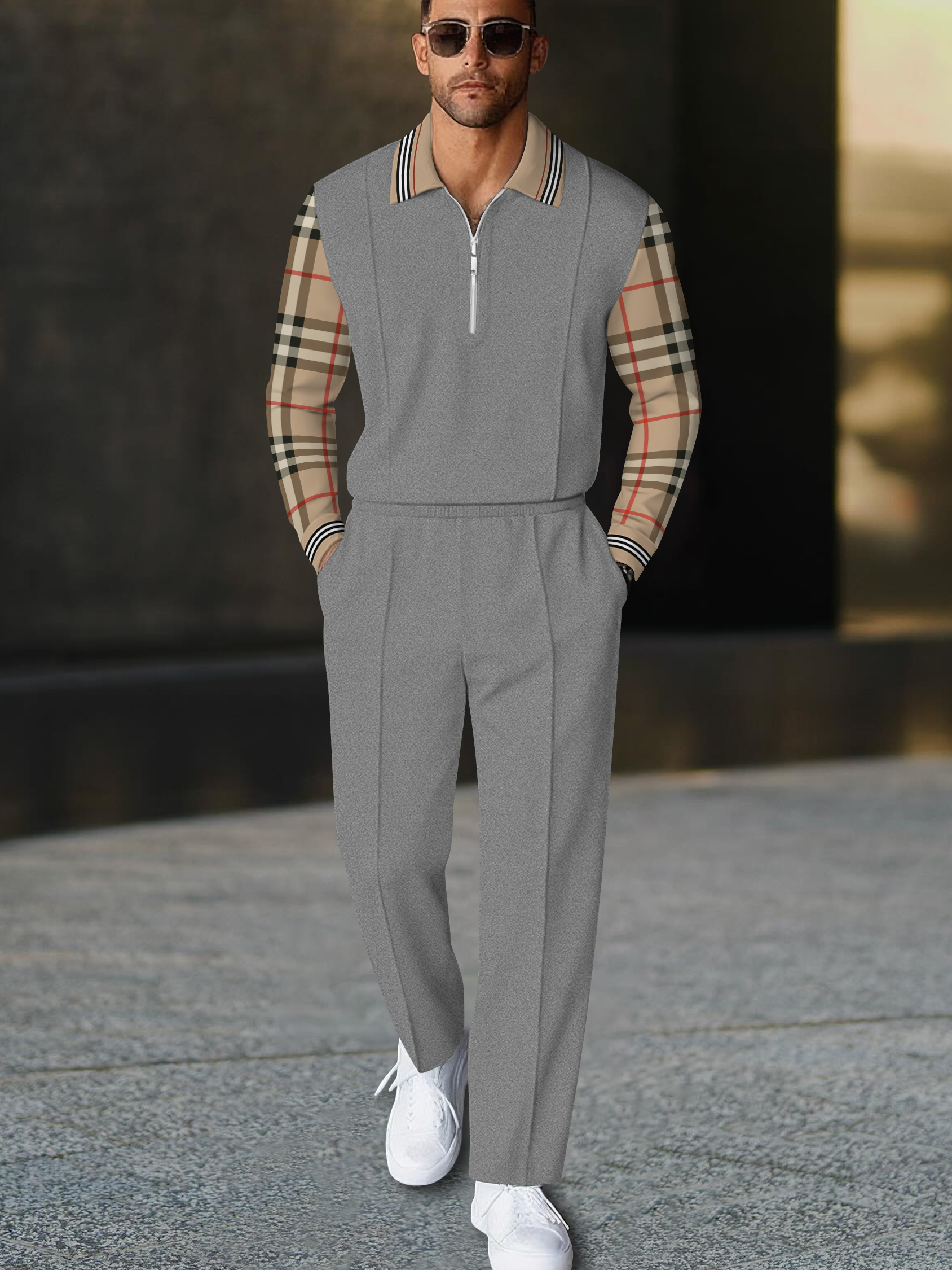 Men's fashion casual geometric print long sleeve zipper polo two-piece set