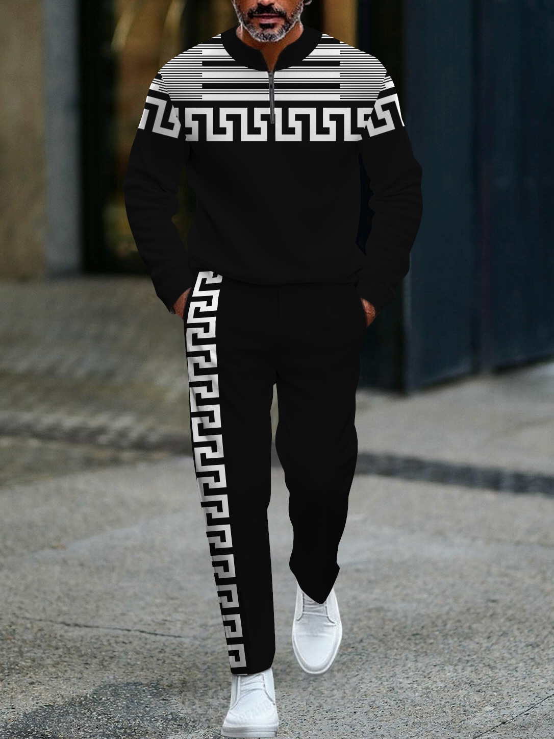 Men's fashion casual geometric print long sleeve zipper two-piece set