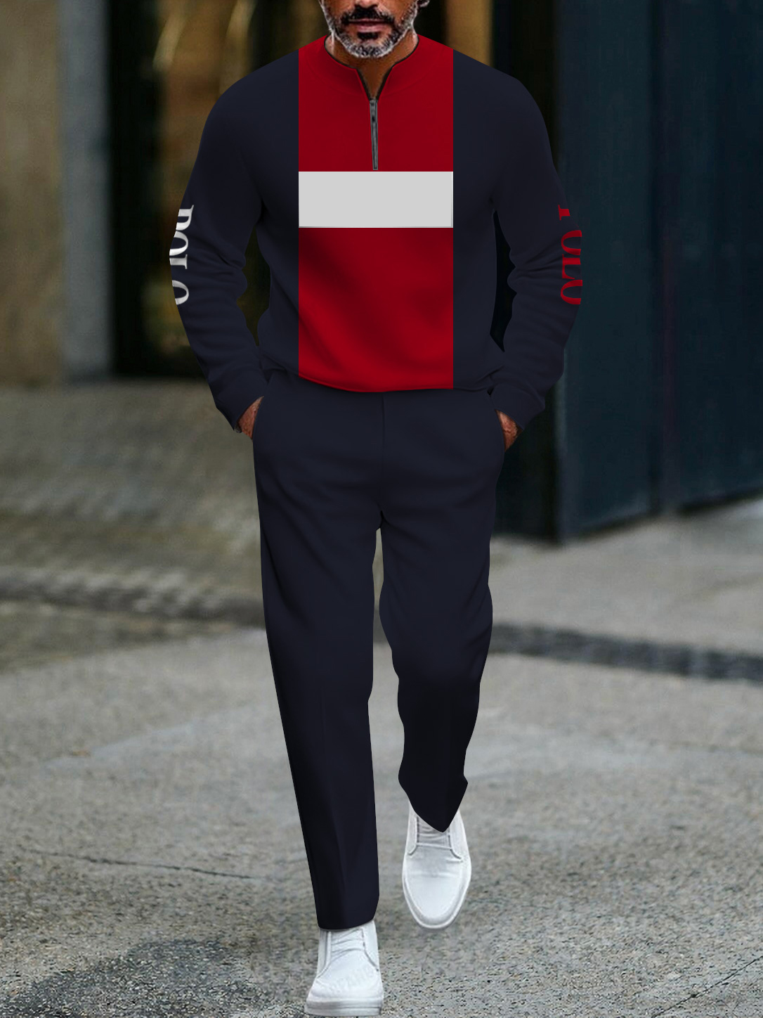 Men's fashion casual geometric print long sleeve zipper two-piece set