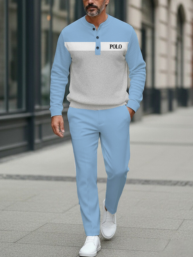 Men's Fashion Casual Geometric Print Long Sleeve Button Design Two-Piece Set