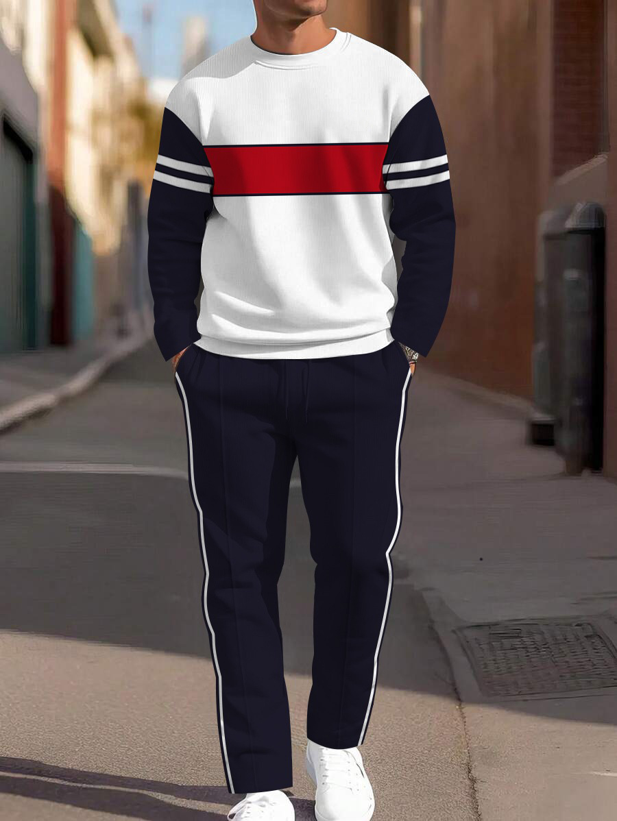 Men's fashion casual geometric printed hoodie two-piece set