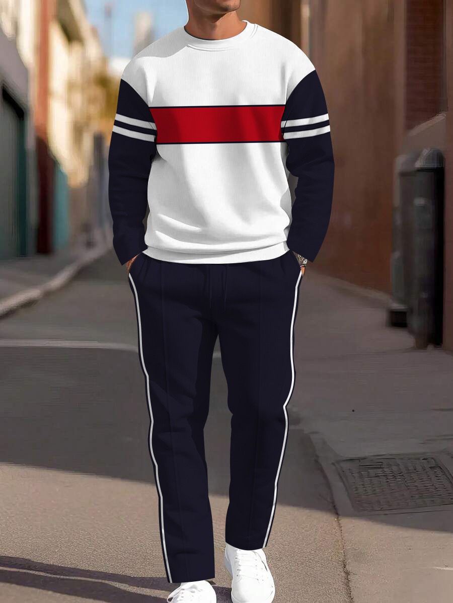 Men's fashion casual geometric printed hoodie two-piece set