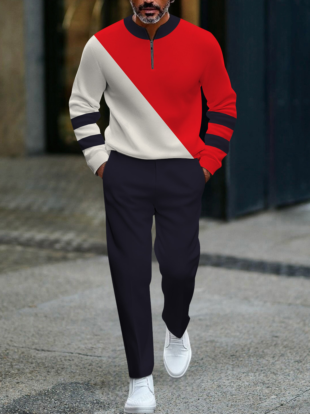 Men's fashion casual geometric print long sleeve zipper two-piece set