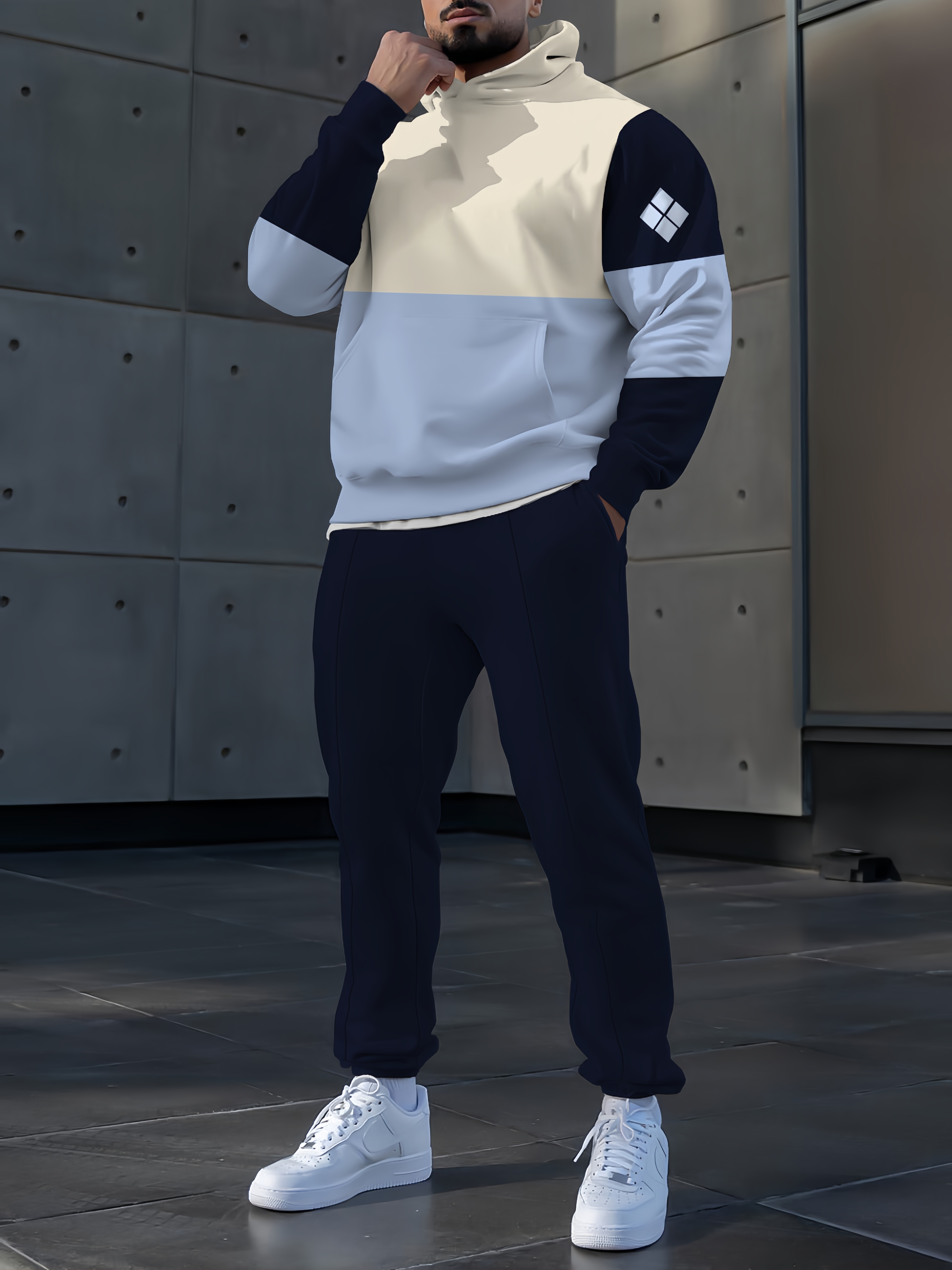 Men's fashion casual navy blue polo printed hoodie two sets