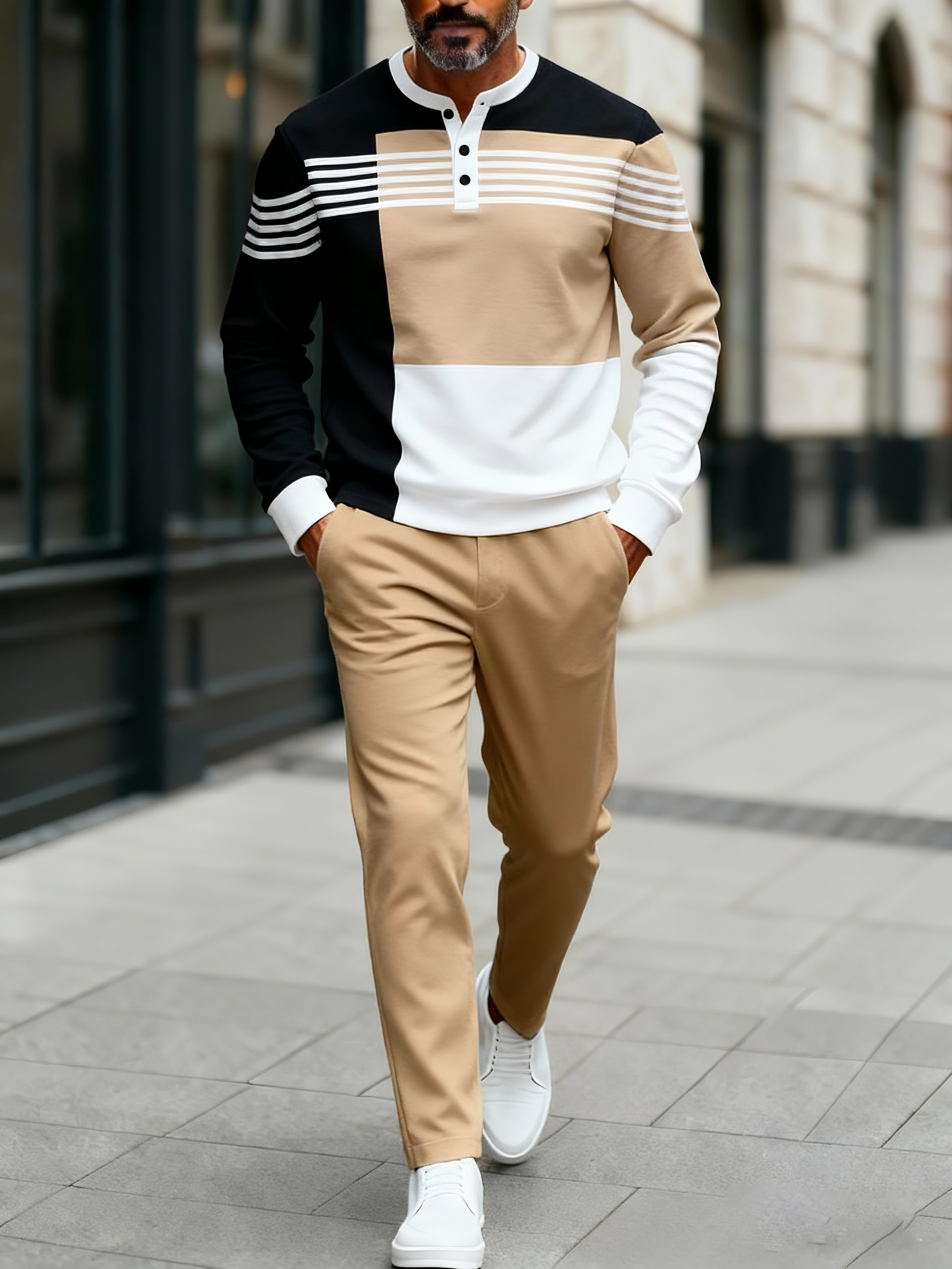 Men's Fashion Casual Geometric Print Long Sleeve Button Design Two-Piece Set