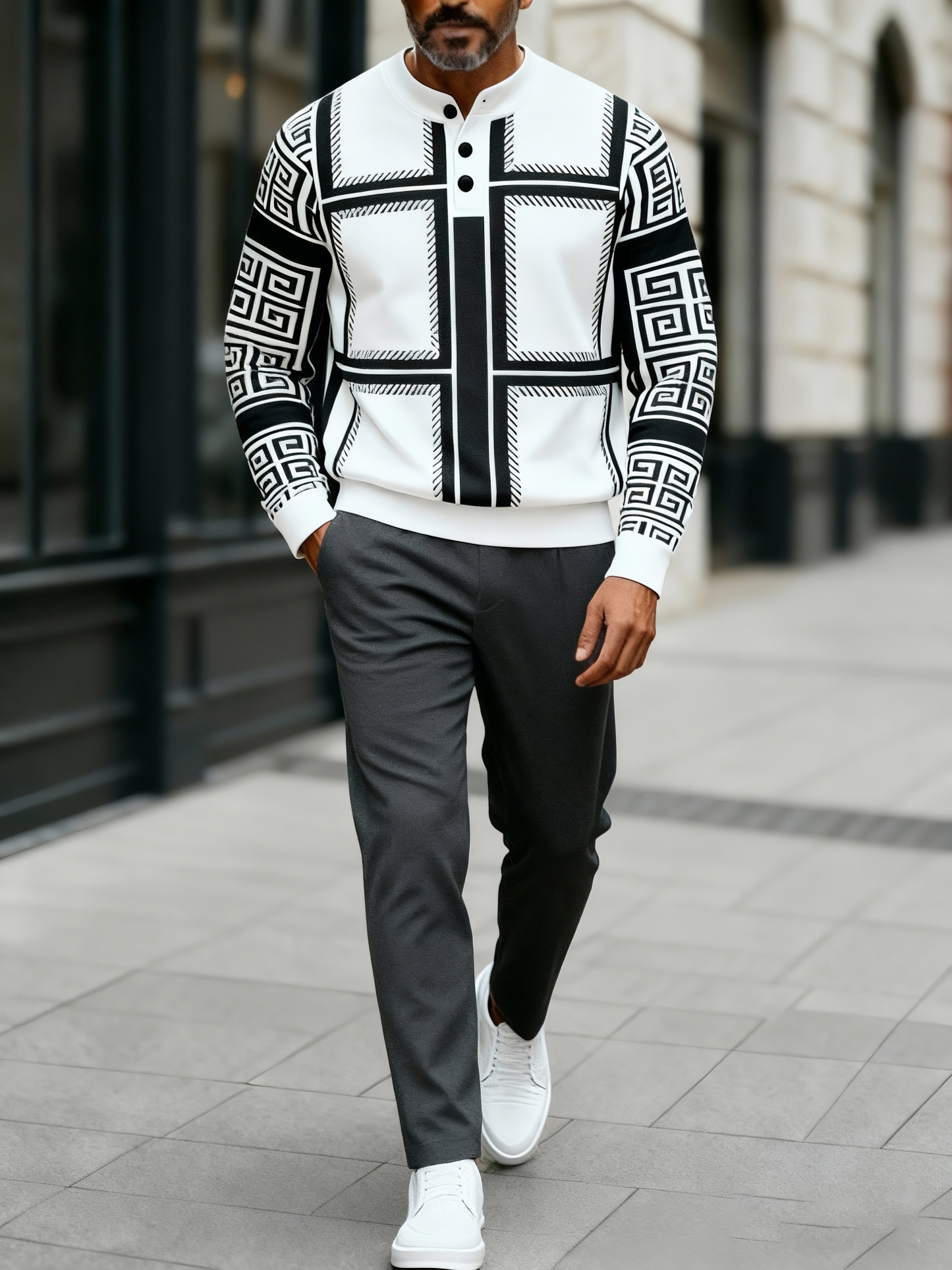 Men's Fashion Casual Geometric Print Long Sleeve Button Design Two-Piece Set