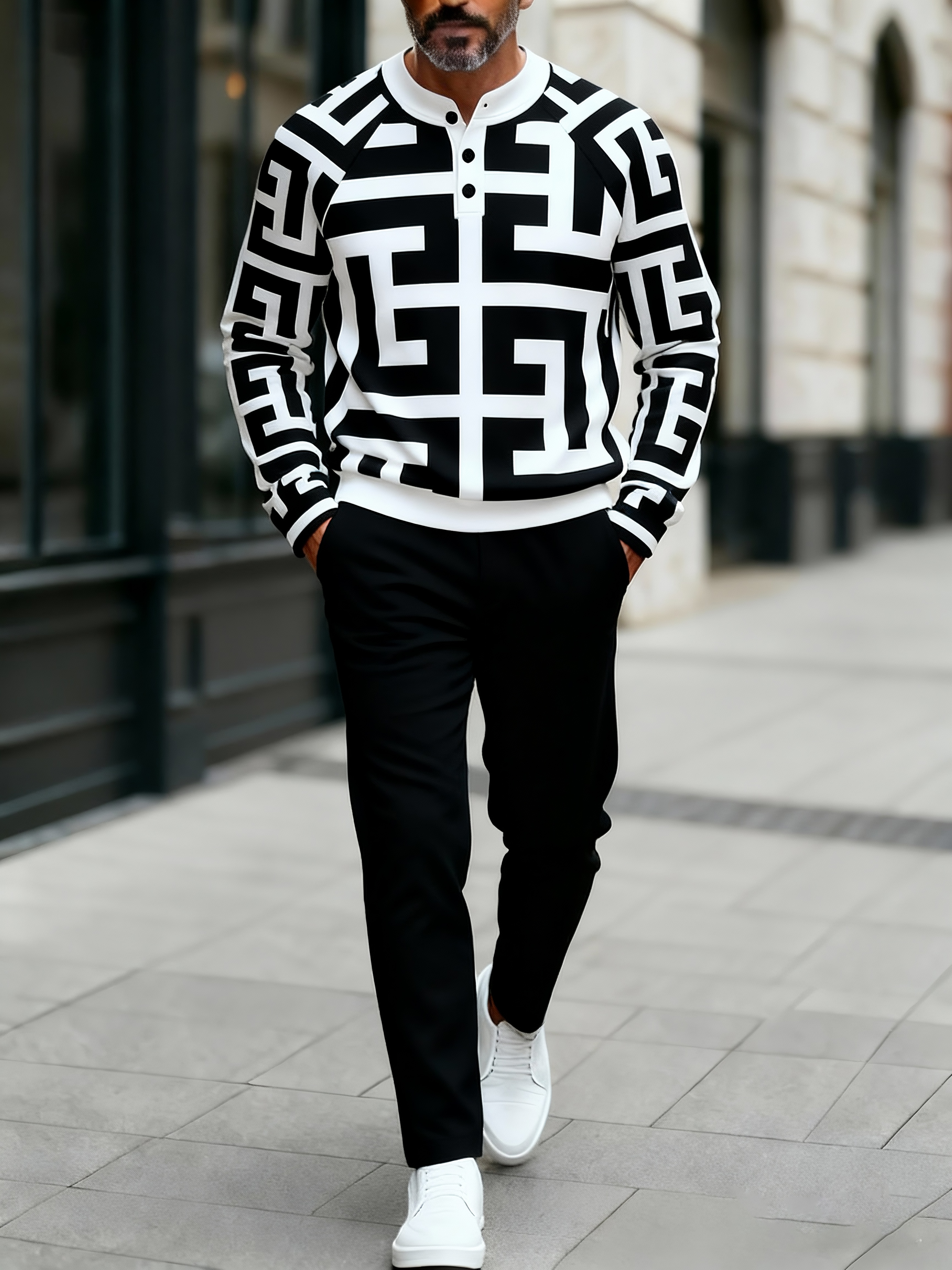Men's Fashion Casual Geometric Print Long Sleeve Button Design Two-Piece Set