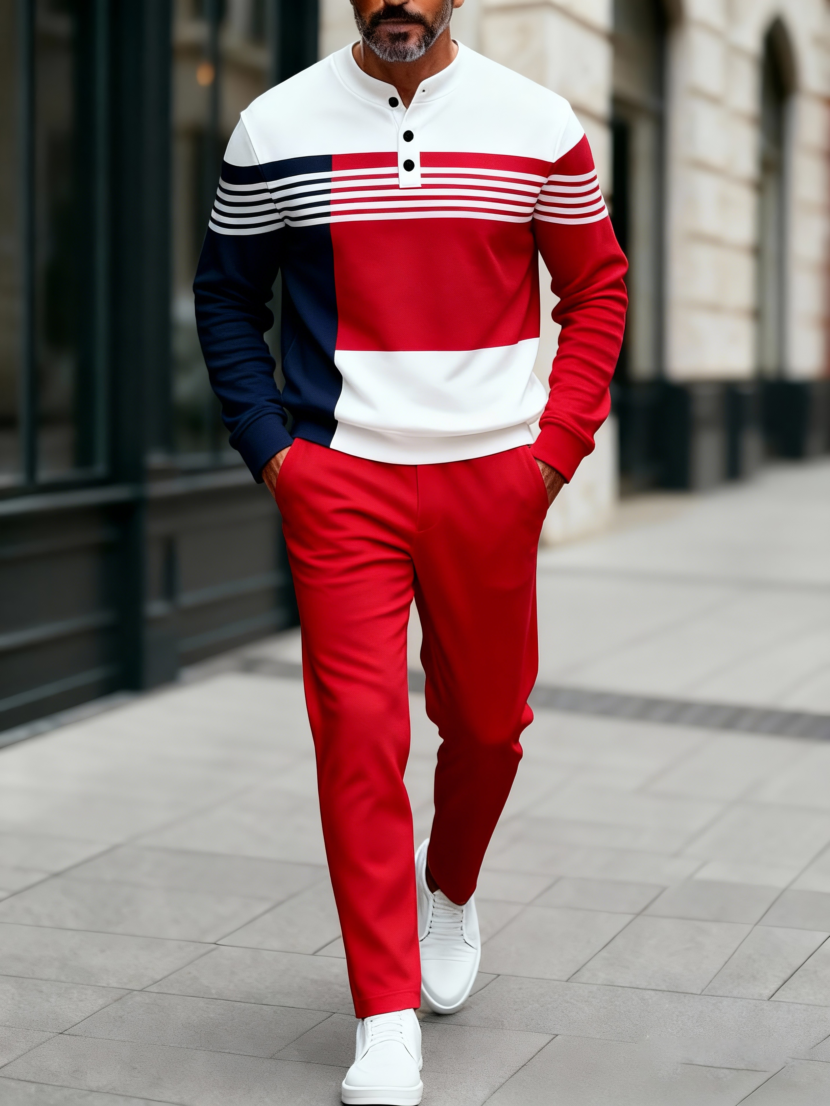 Men's Fashion Casual Geometric Print Long Sleeve Button Design Two-Piece Set