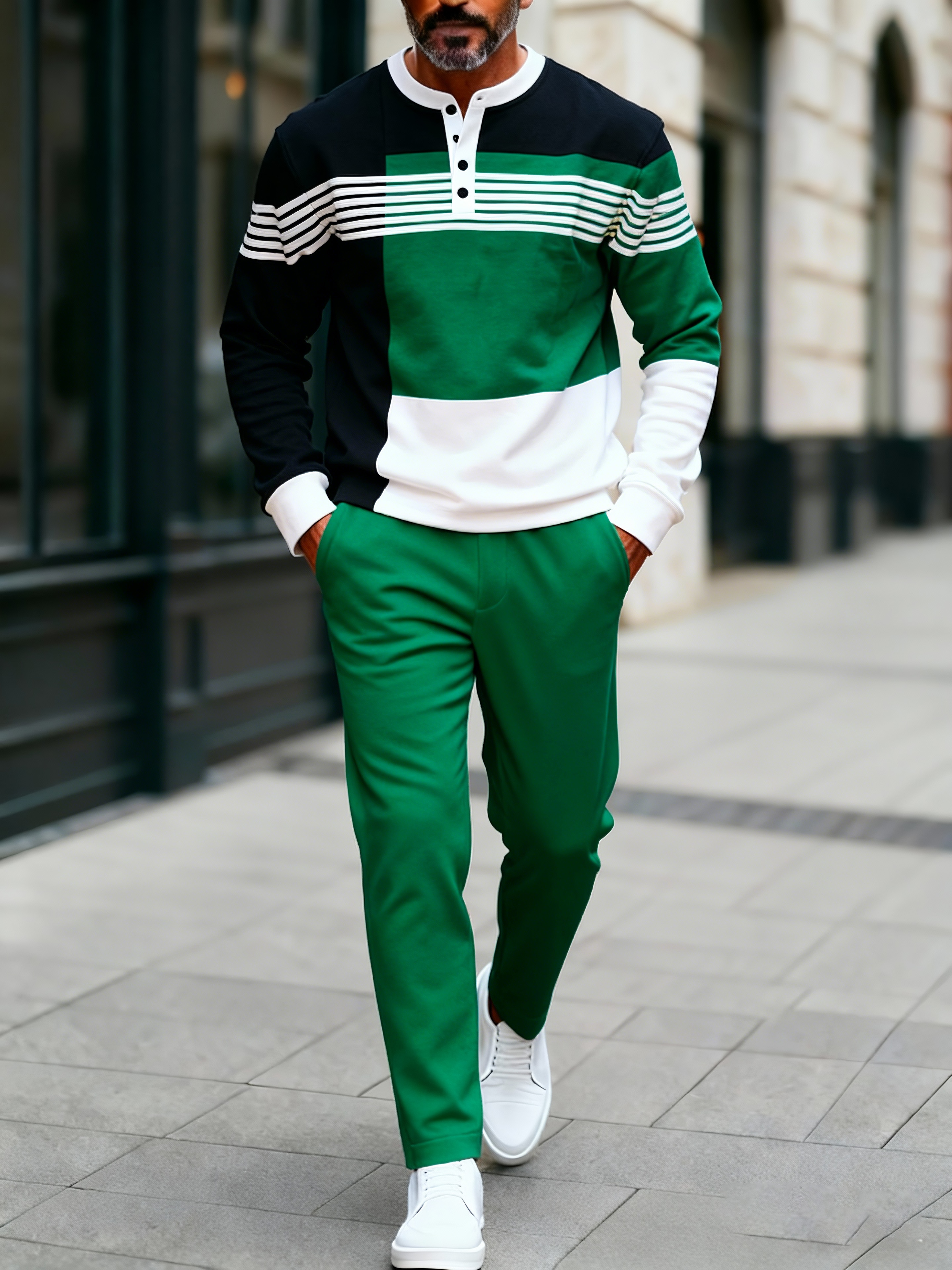 Men's Fashion Casual Geometric Print Long Sleeve Button Design Two-Piece Set