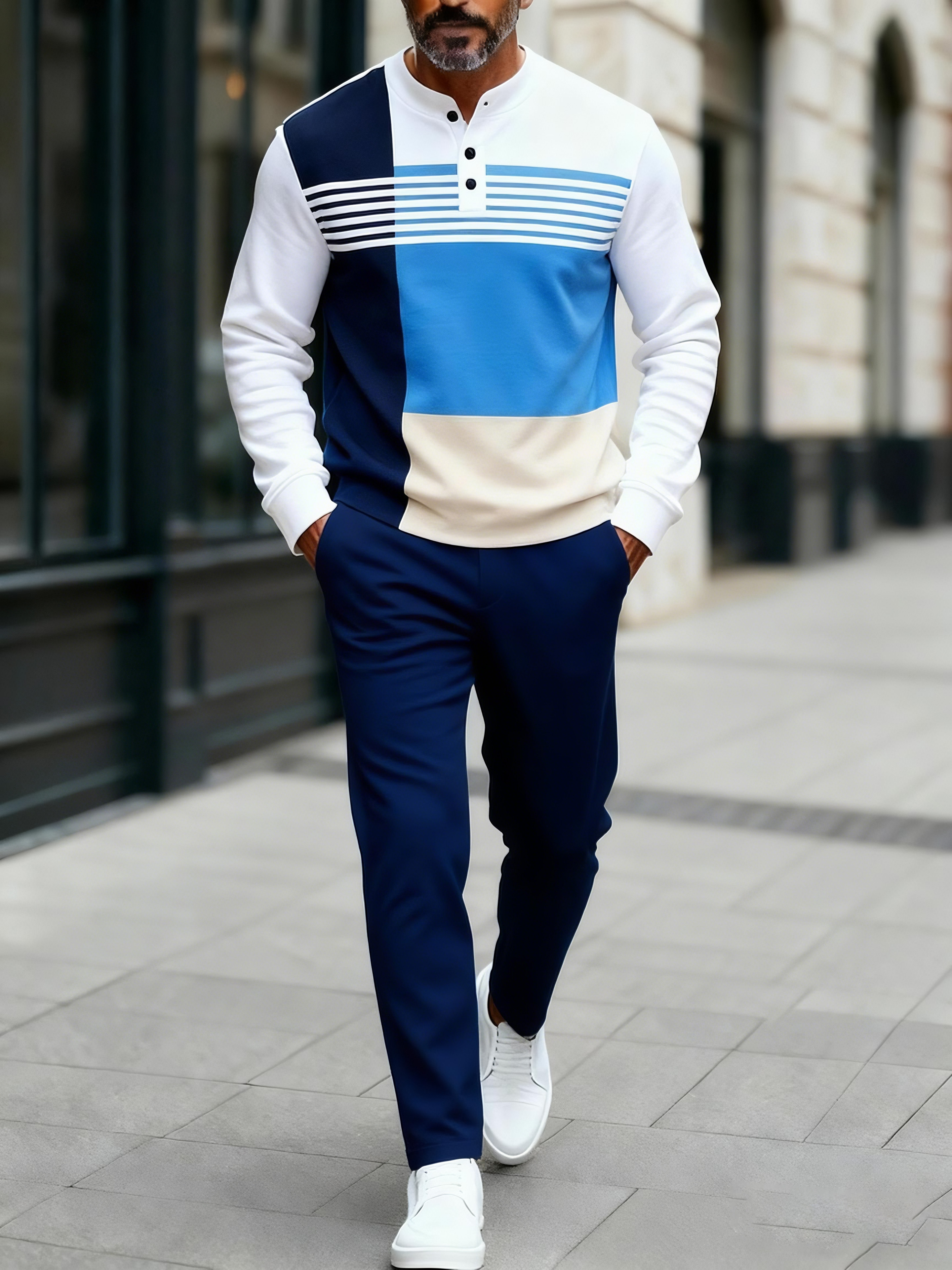 Men's Fashion Casual Geometric Print Long Sleeve Button Design Two-Piece Set