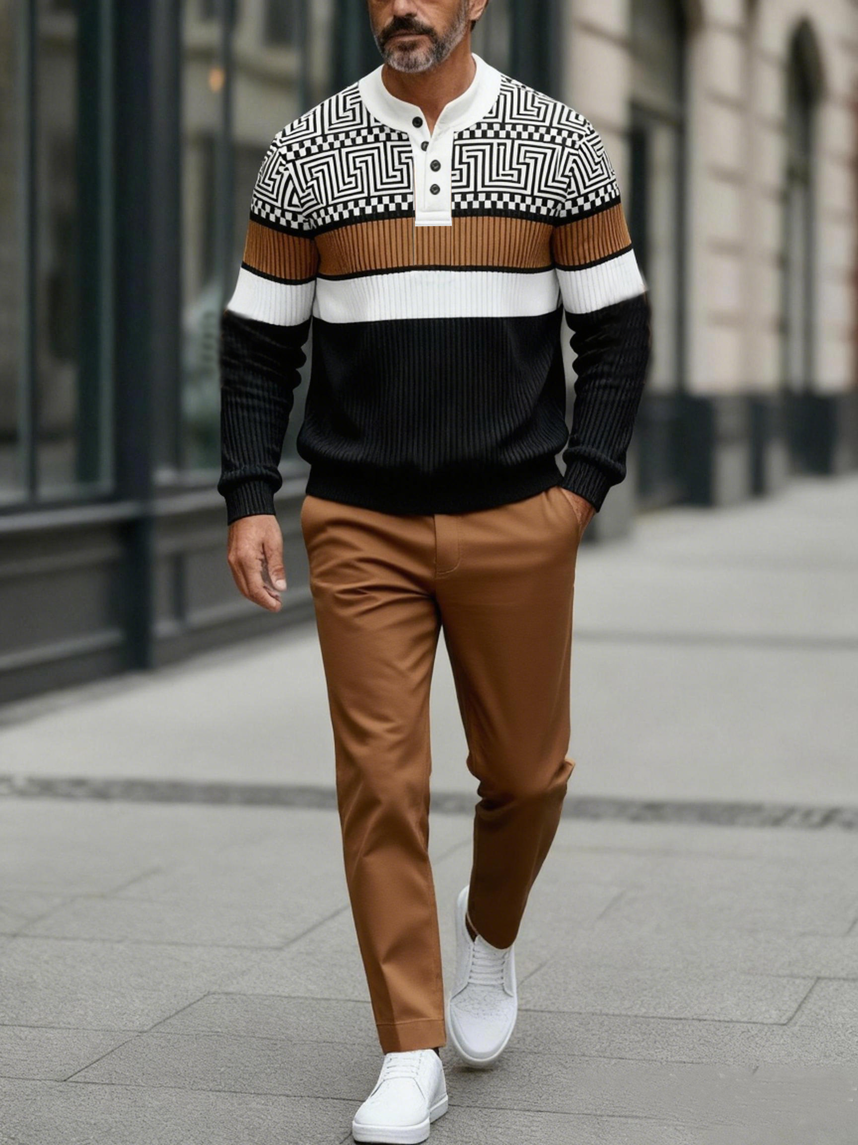 Men's Fashion Casual Geometric Print Long Sleeve Button Design Two-Piece Set