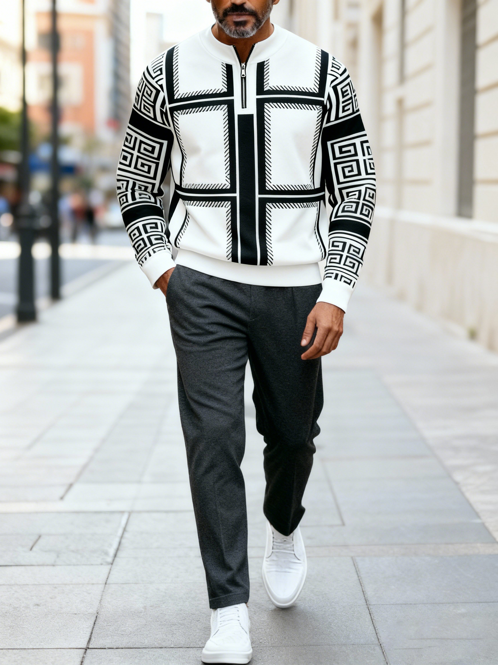 Men's fashion casual geometric print long sleeve zipper two-piece set