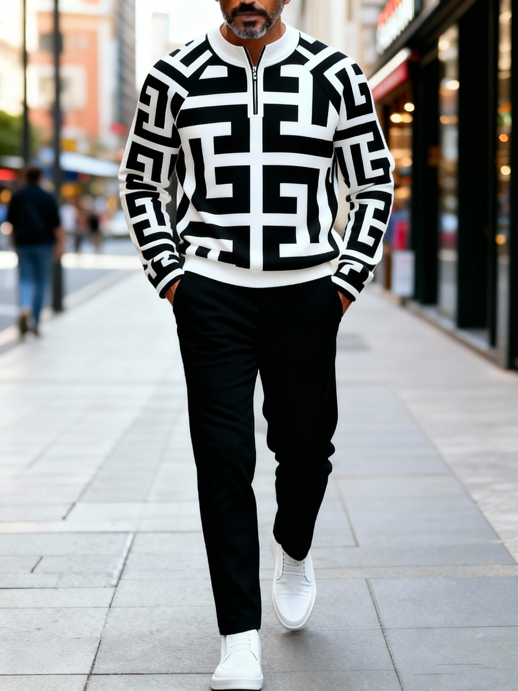 Men's fashion casual geometric print long sleeve zipper two-piece set