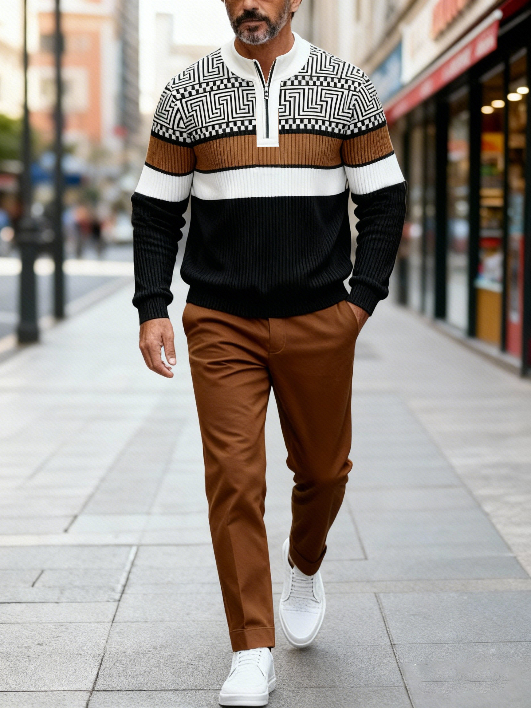 Men's fashion casual geometric print long sleeve zipper two-piece set