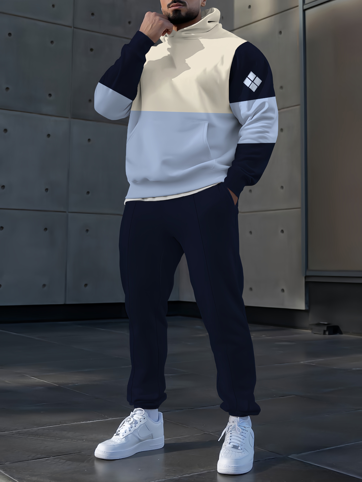 Men's fashion casual navy blue polo printed hoodie two sets