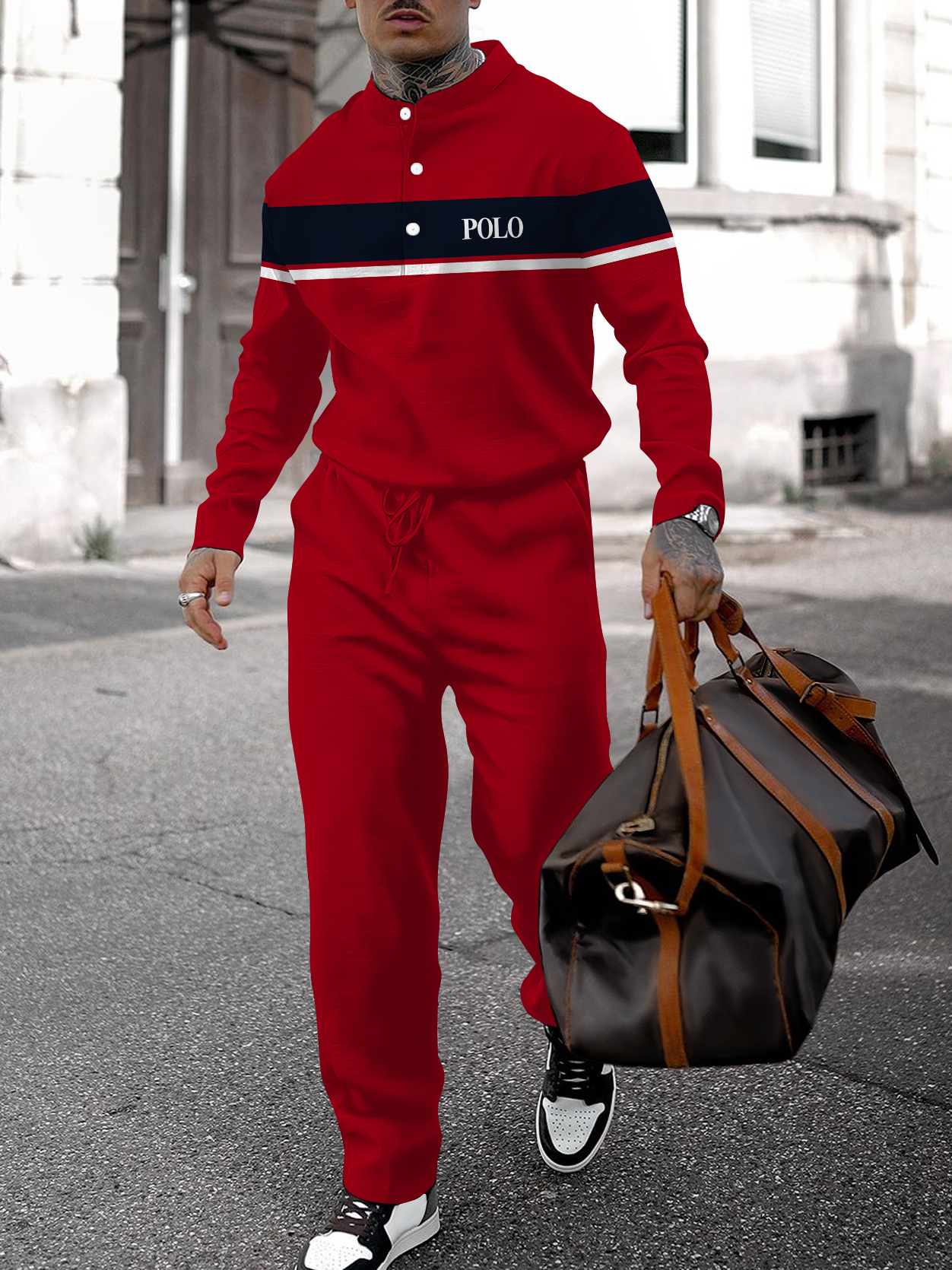 Men's fashion casual geometric print long sleeve two-piece set