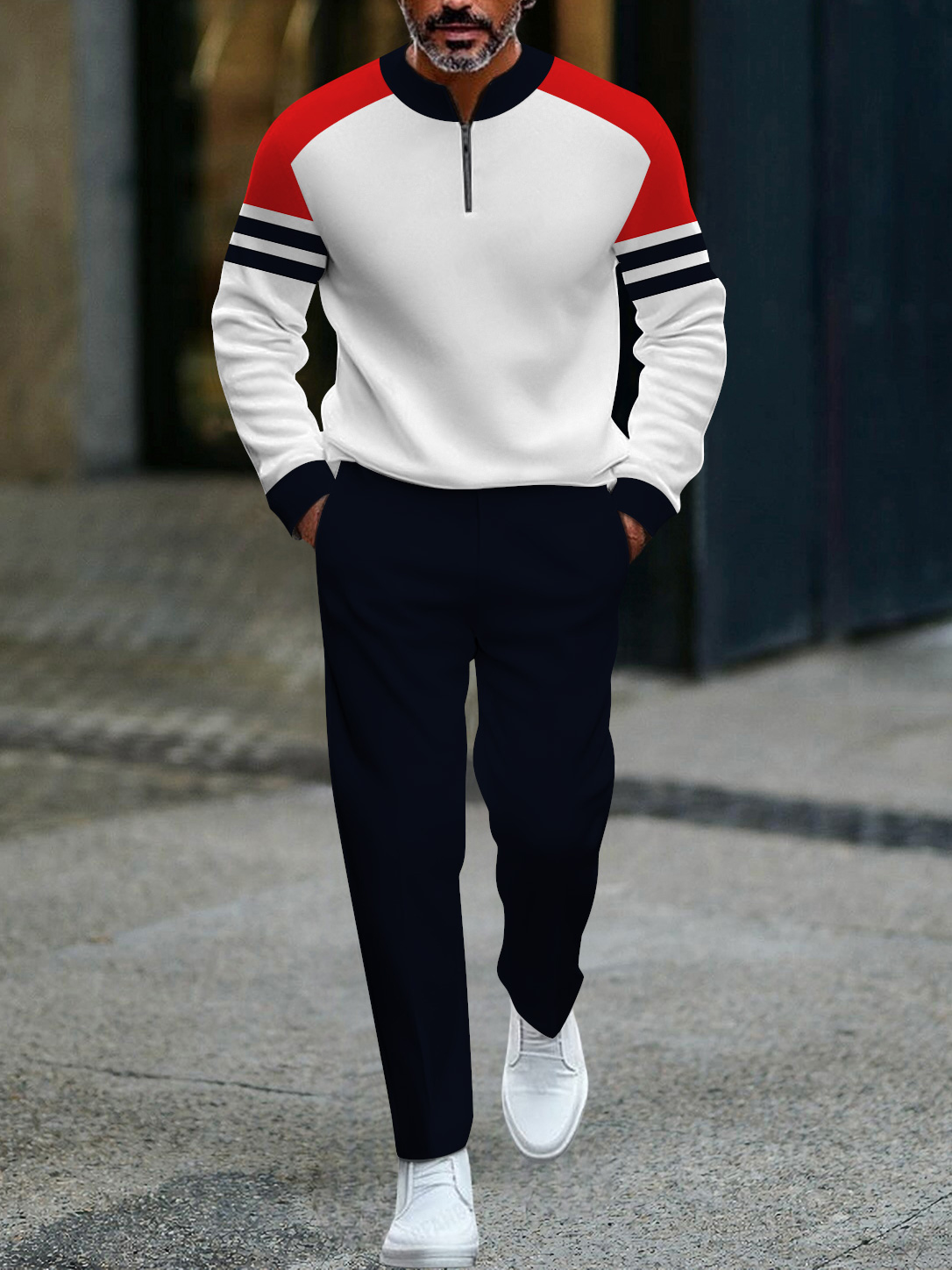 Men's fashion casual geometric print long sleeve zipper two-piece set