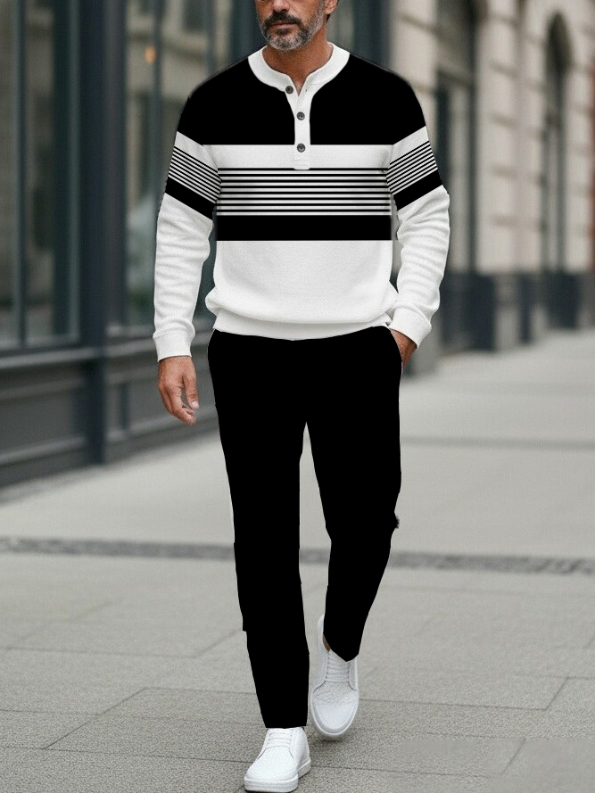 Men's Fashion Casual Geometric Print Long Sleeve Button Design Two-Piece Set
