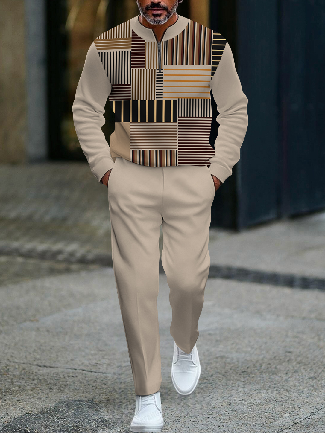 Men's fashion casual geometric print long sleeve zipper two-piece set