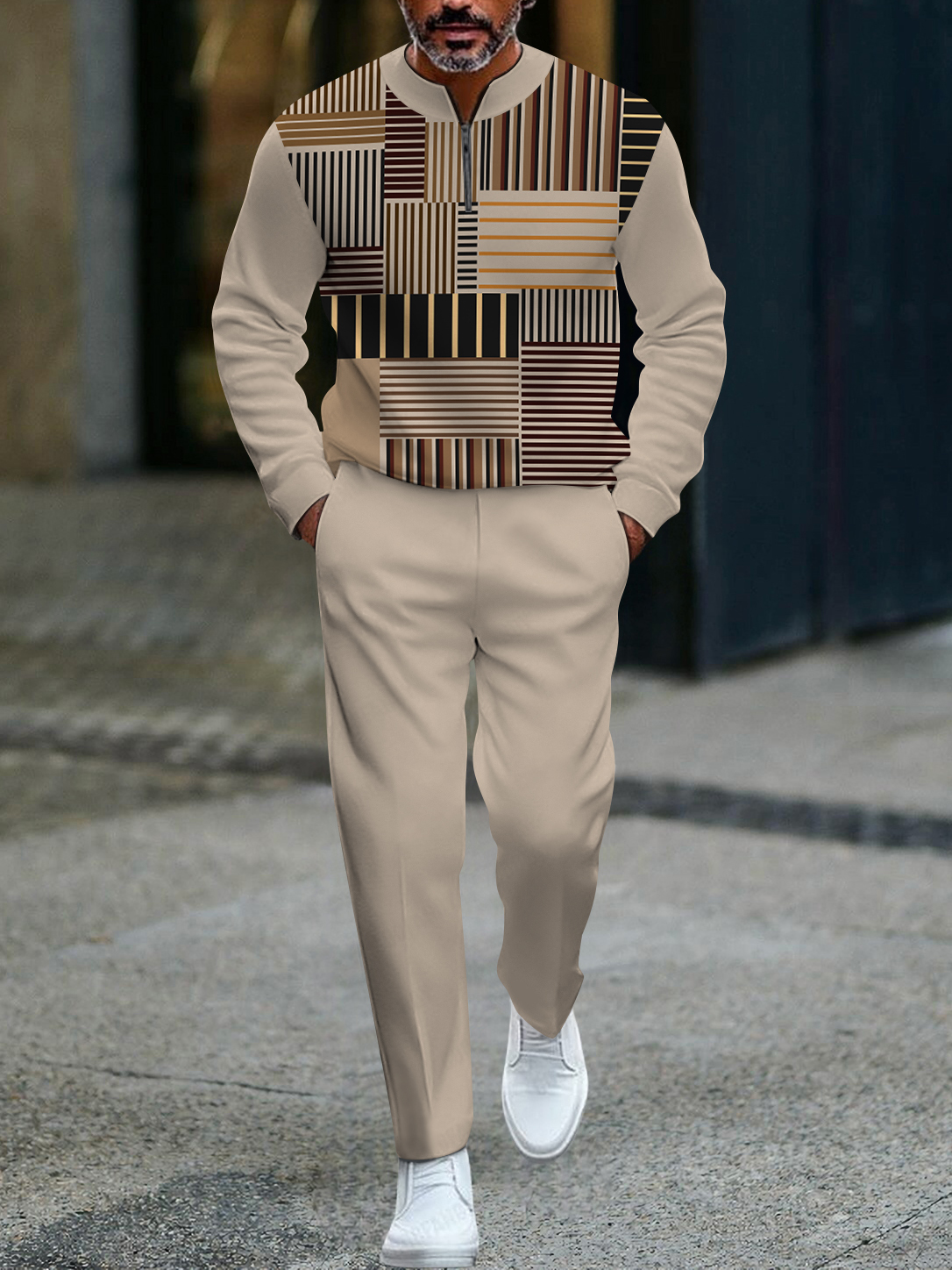 Men's fashion casual geometric print long sleeve zipper two-piece set