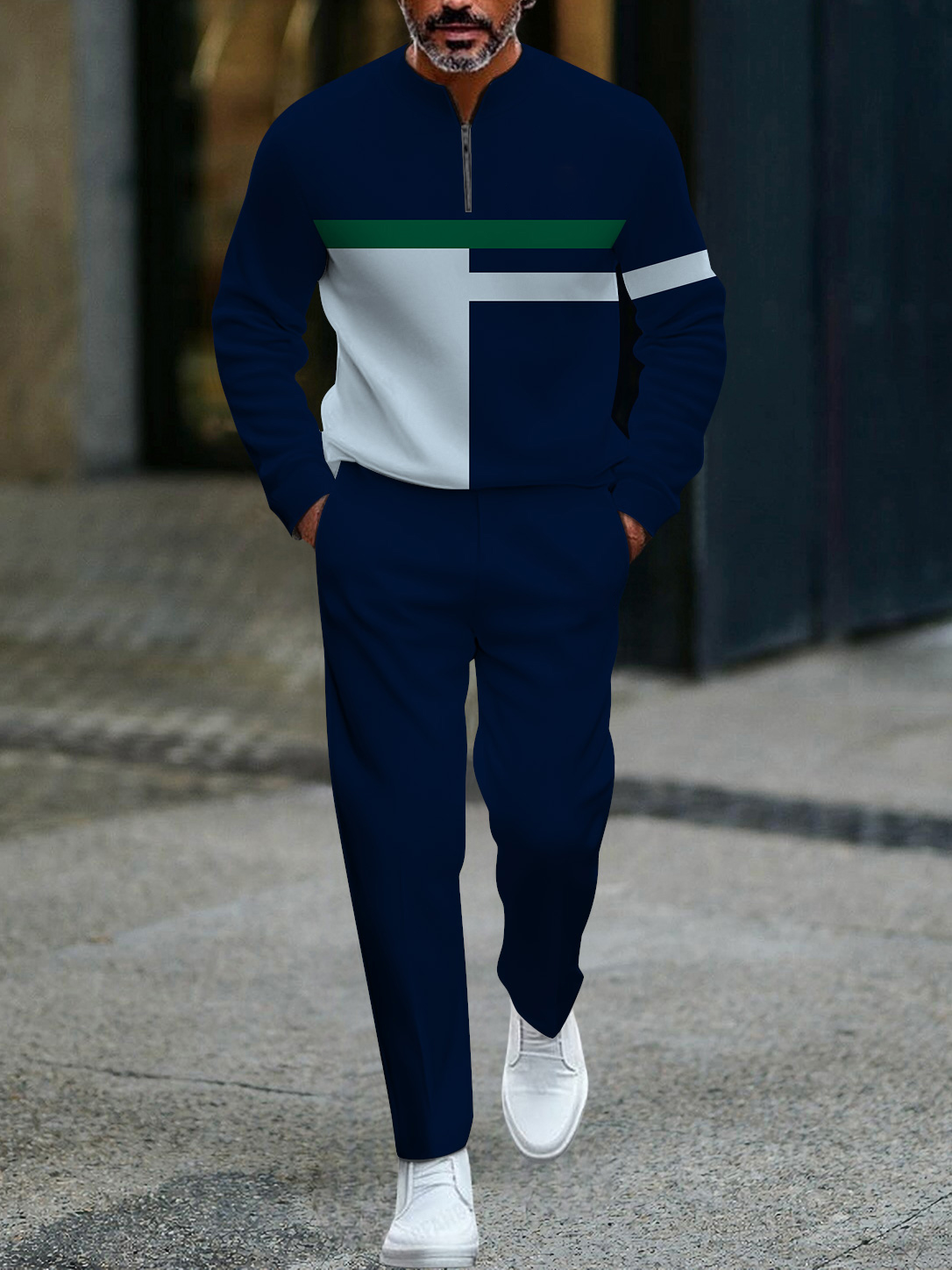 Men's fashion casual geometric print long sleeve zipper two-piece set