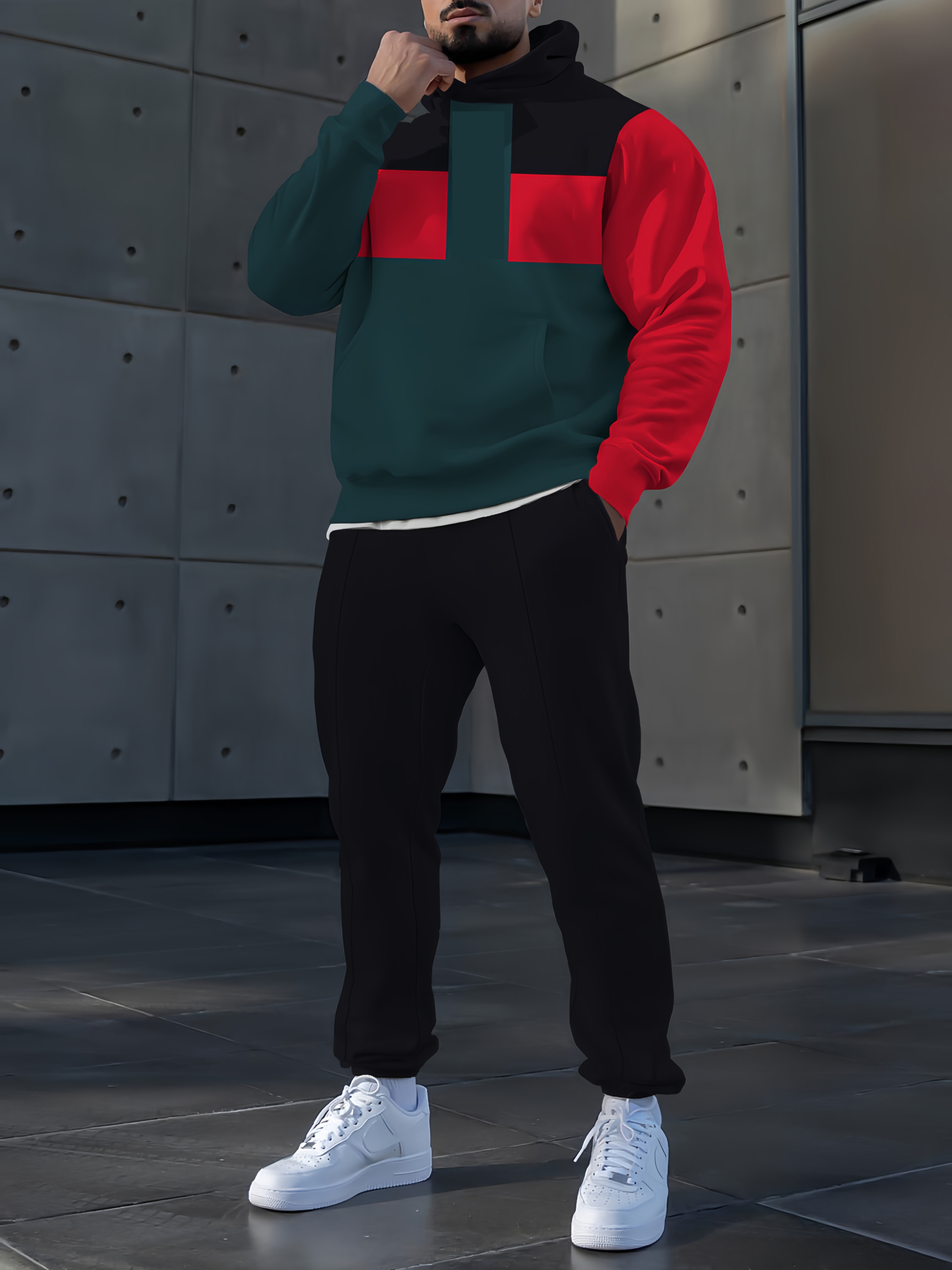 Men's fashion casual color match polo printed hoodie two-piece set