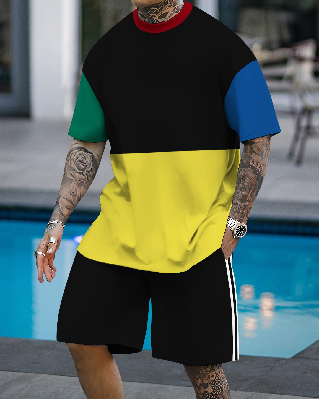 Men's fashion casual color matching printed short-sleeved two-piece se