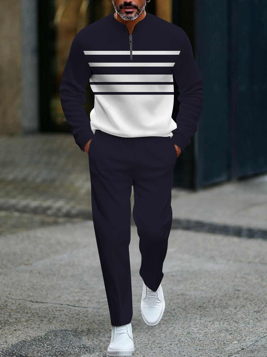 Men's fashion casual geometric print long sleeve zipper two-piece set