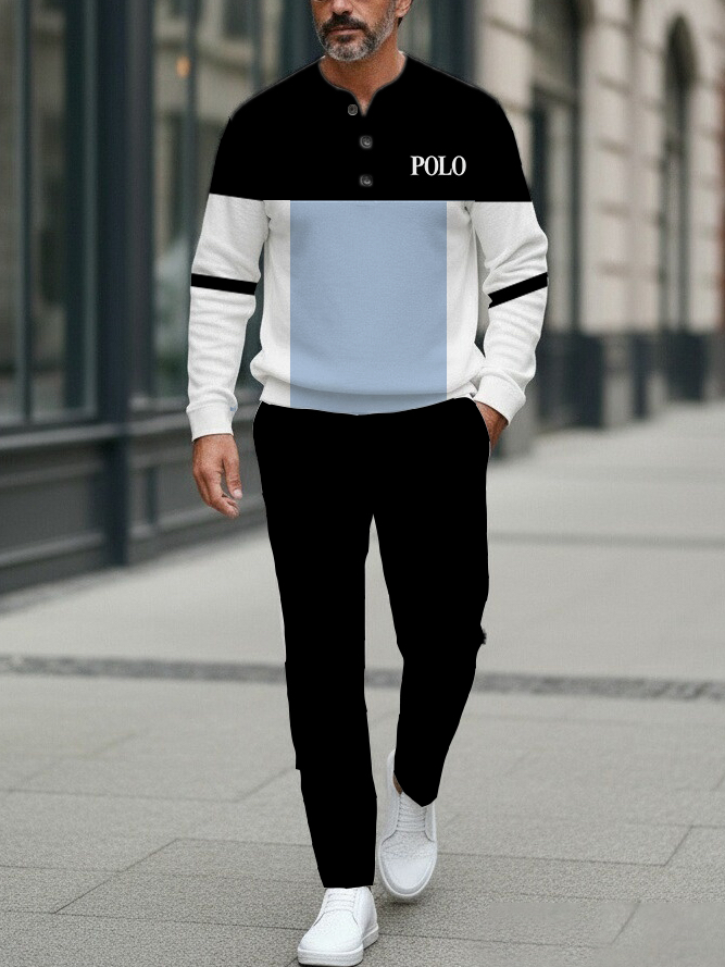 Men's fashion casual geometric print long sleeve zipper two-piece set