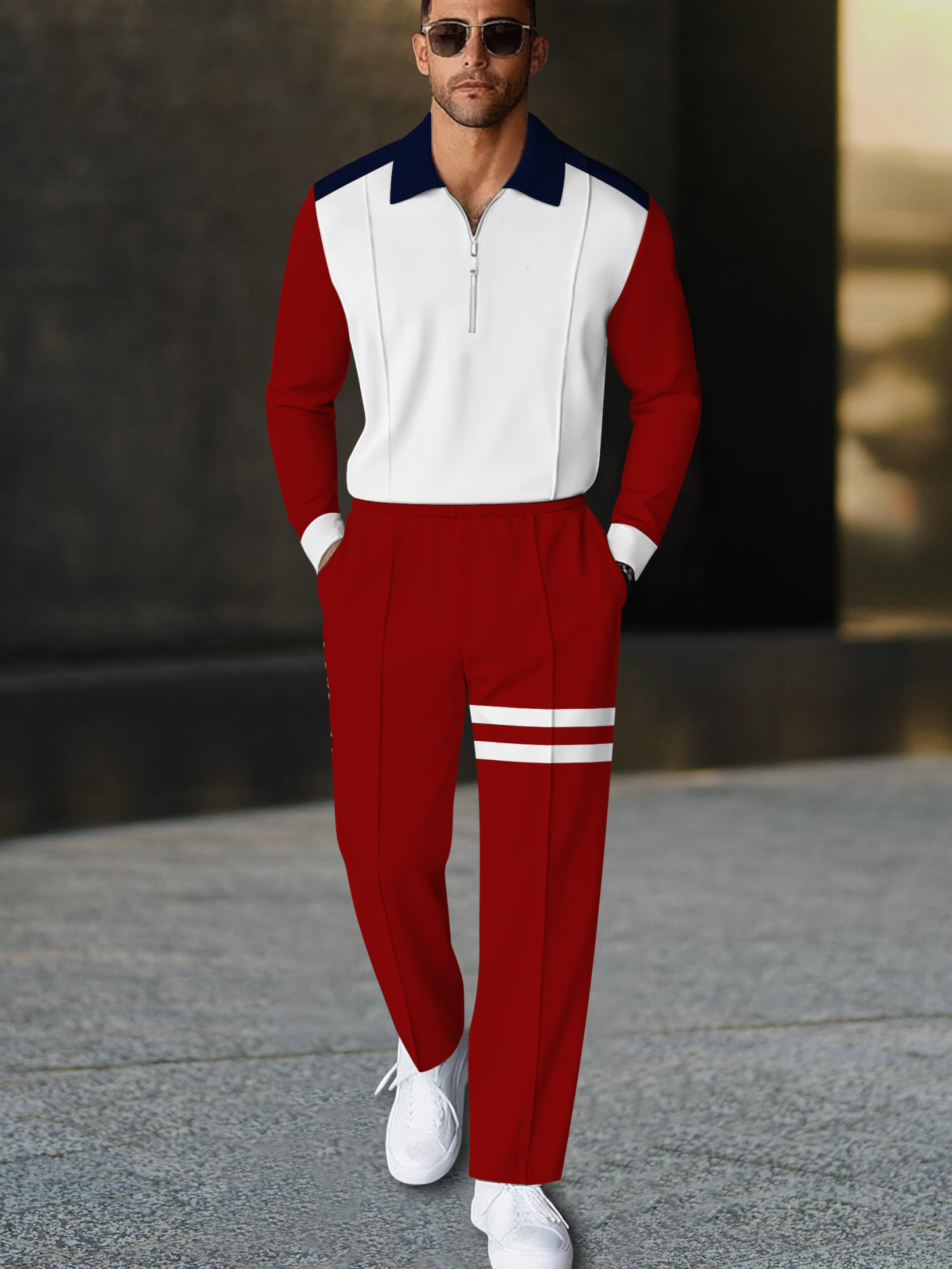 Men's fashion casual geometric print long sleeve zipper polo two-piece set