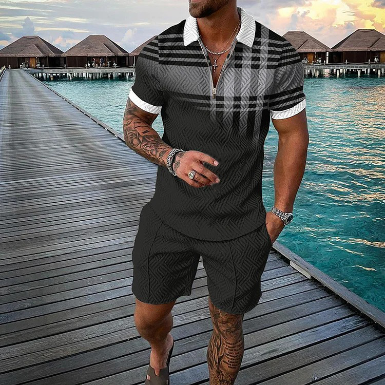 Men's fashion casual geometric print short sleeve polo two-piece set