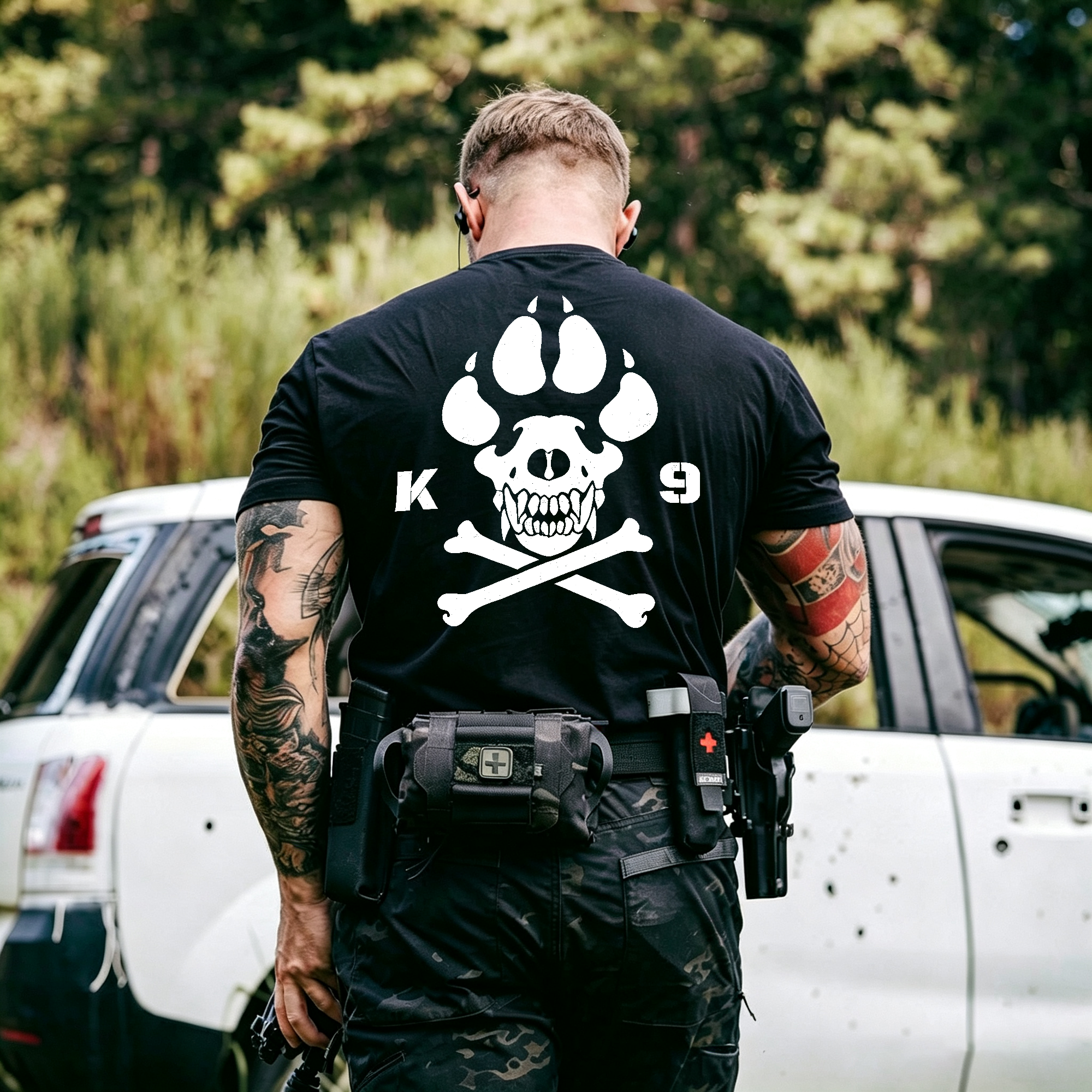 Vintage Biker K9 Dog Paw Skull Printed Men's T-Shirt