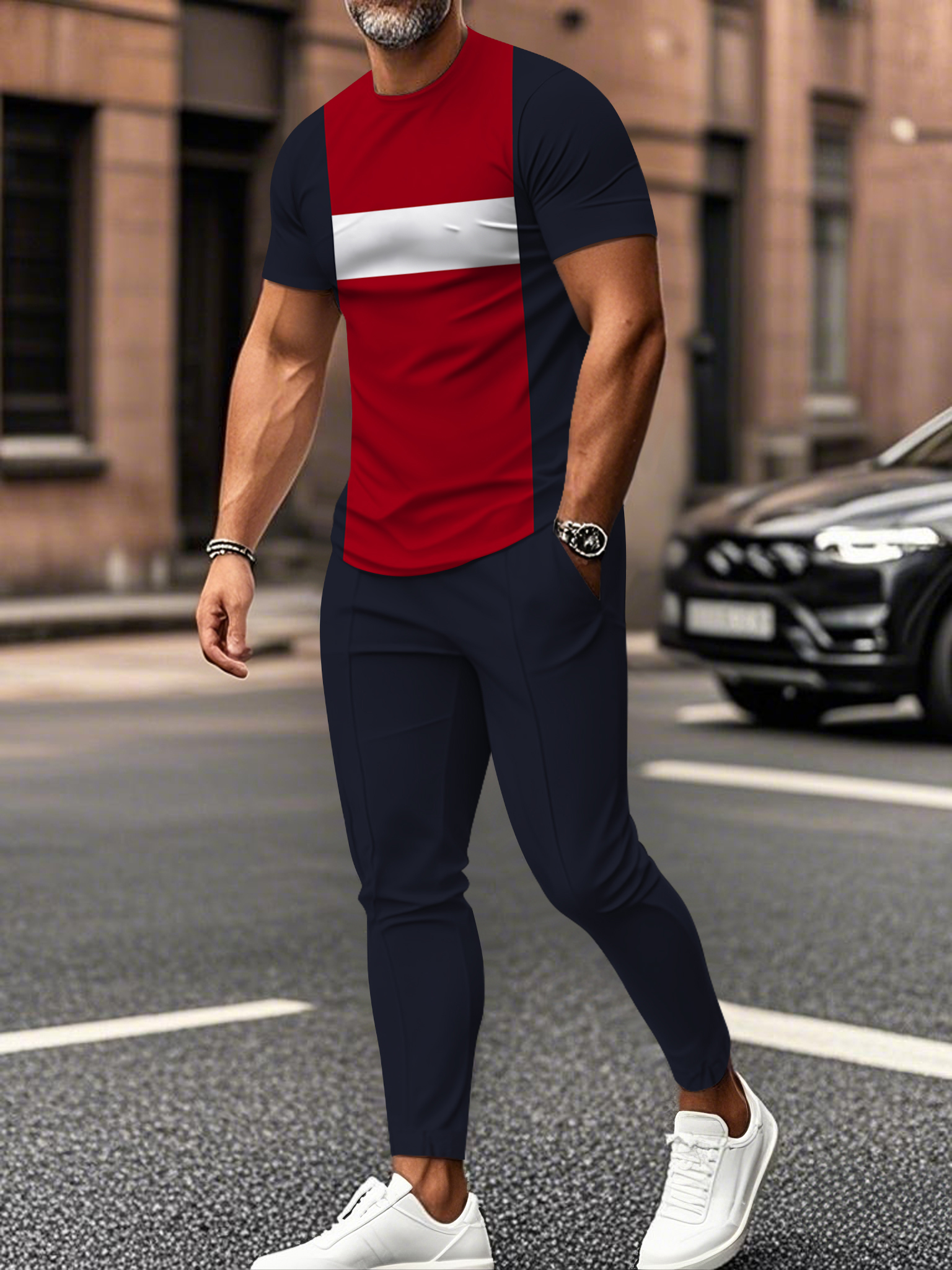 Men's fashion casual color matching striped printed short sleeved trousers two-piece set