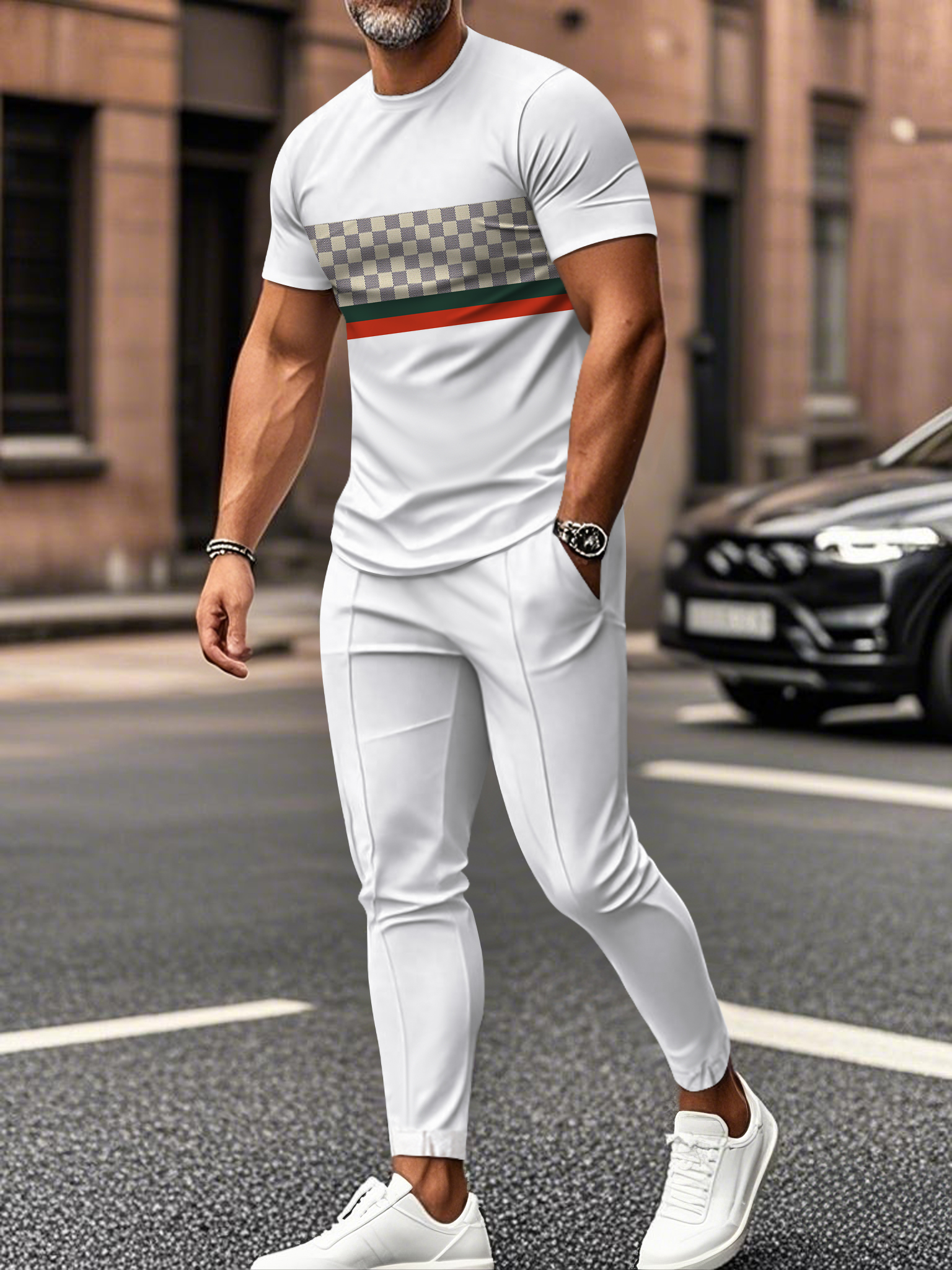 Men's fashion casual color matching striped printed short sleeved trousers two-piece set