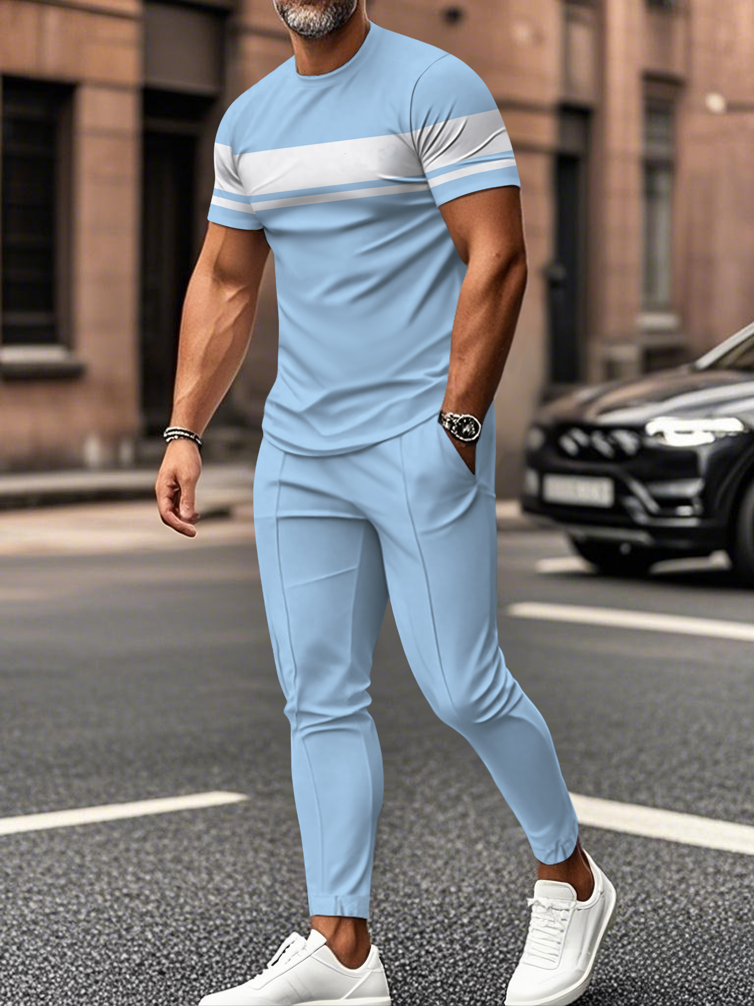 Men's fashion casual color matching striped printed short sleeved trousers two-piece set