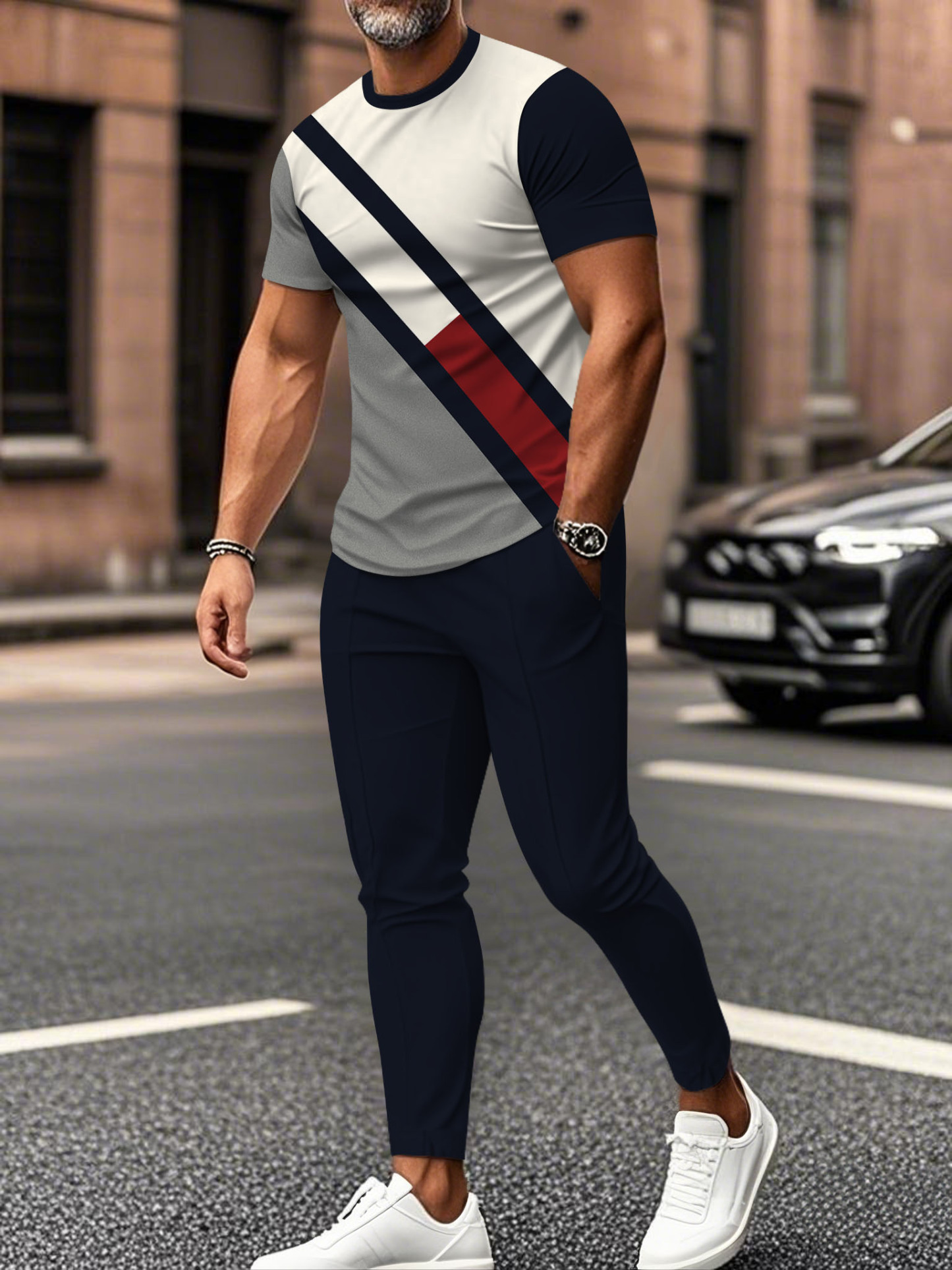 Men's fashion casual color matching striped printed short sleeved trousers two-piece set