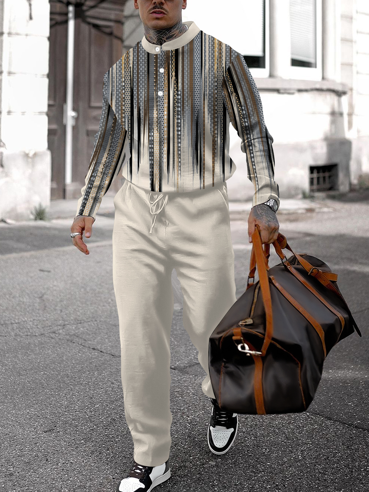 Men's fashion casual geometric print long sleeve two-piece set