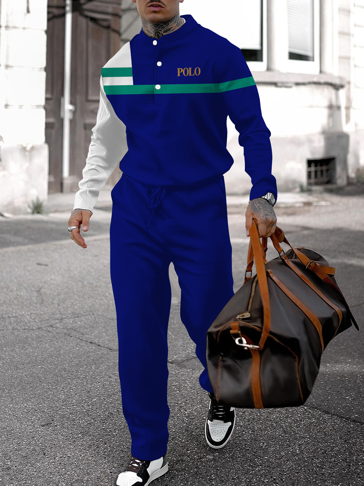 Men's fashion casual geometric print long sleeve two-piece set