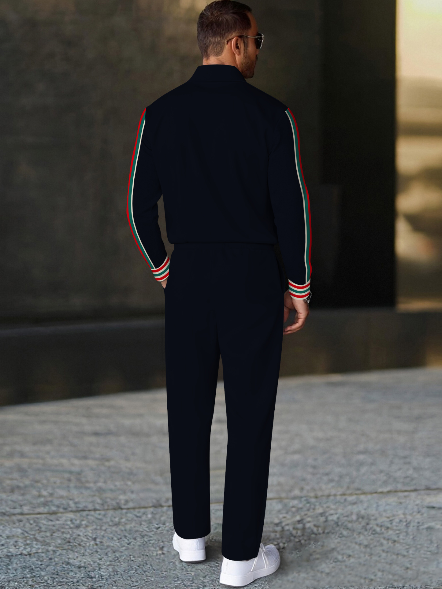 Men's fashion casual geometric print long sleeve zipper polo two-piece set