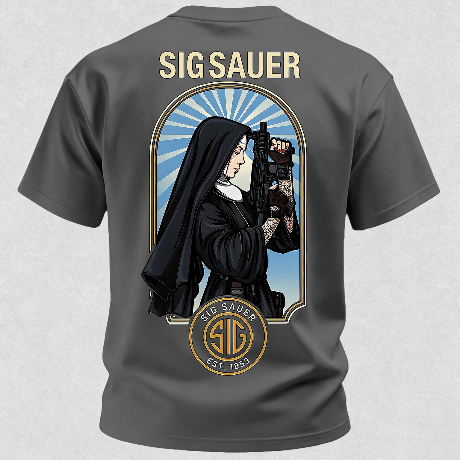 Precision Tactical Arch Window Nun with Rifle Since 1853 Vintage Illustration Cotton Print Men's T-Shirt