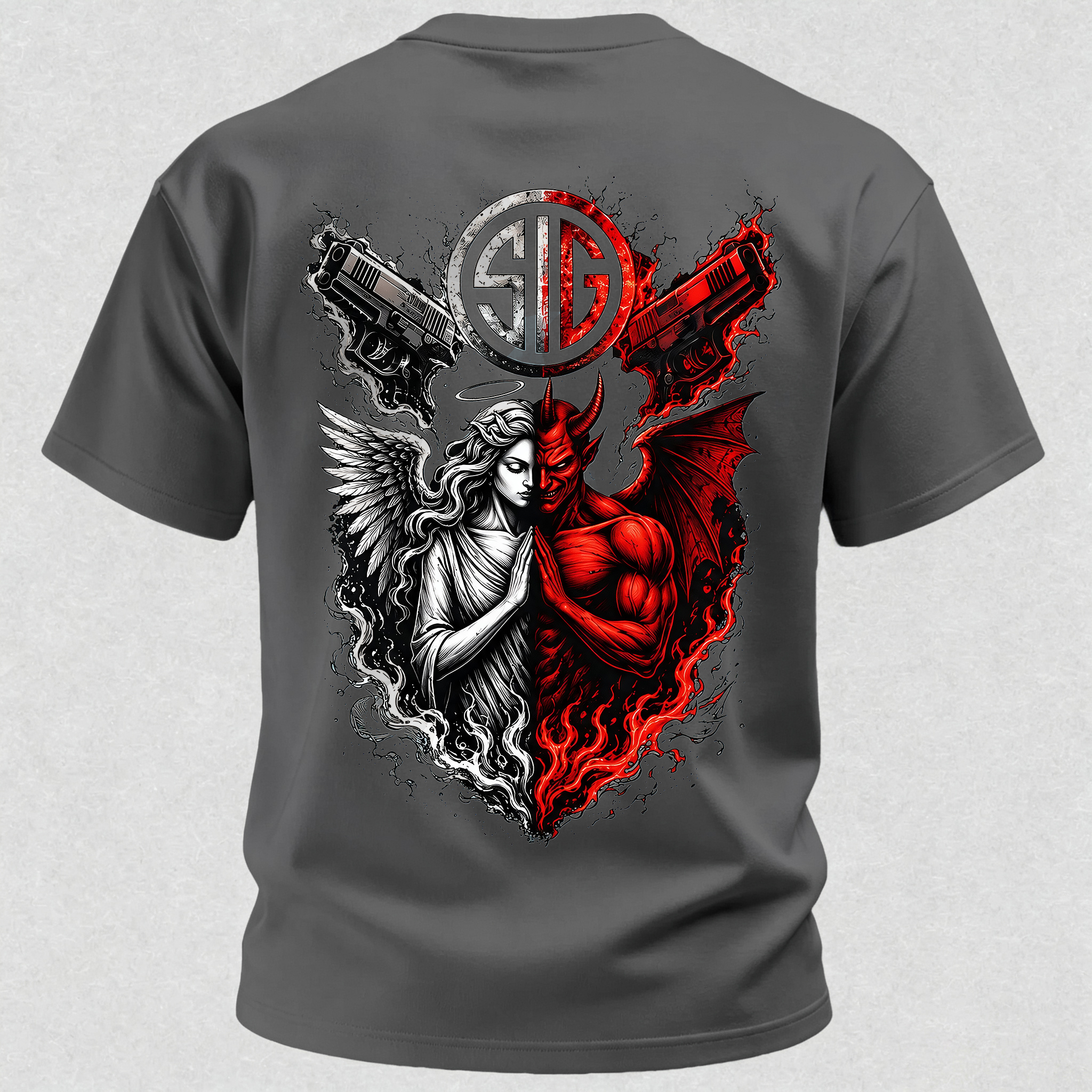 Angel and Demon Dual Pistols Men's Cotton Graphic T-Shirt Tactical Heaven and Hell Combat